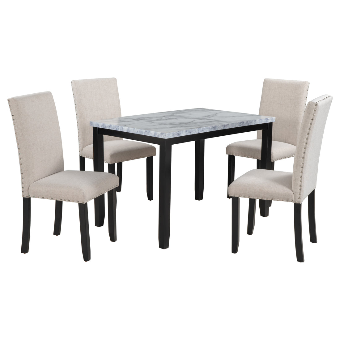 Faux Marble 5 Piece Dining Set Table With 4 Thicken Cushion Dining Chairs Home Furniture, White Beige Black White Solid Wood