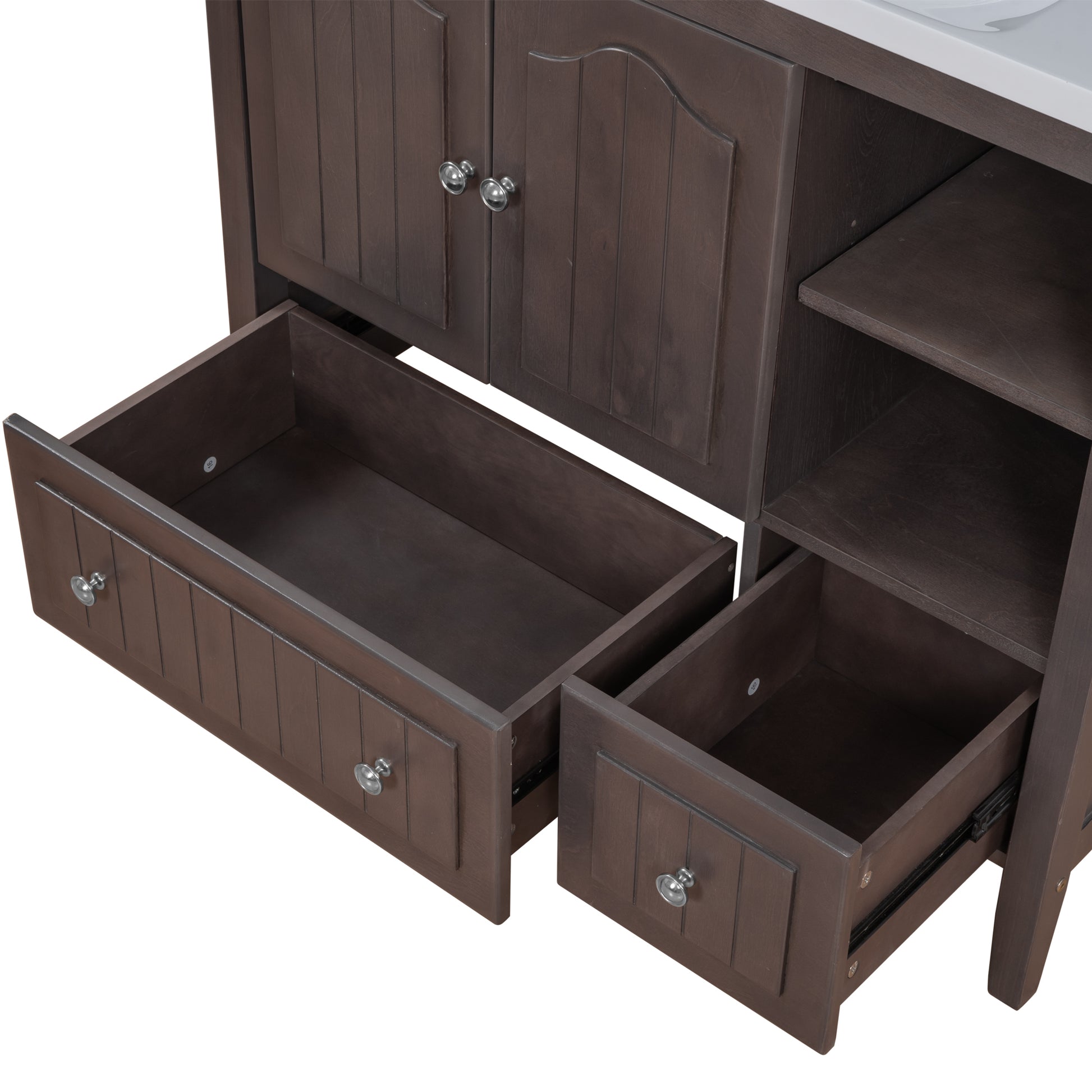 Video 36" Bathroom Vanity With Ceramic Basin, Bathroom Storage Cabinet With Two Doors And Drawers, Solid Frame, Metal Handles, Brown Old Sku: Jl000003Aad Brown Solid Wood