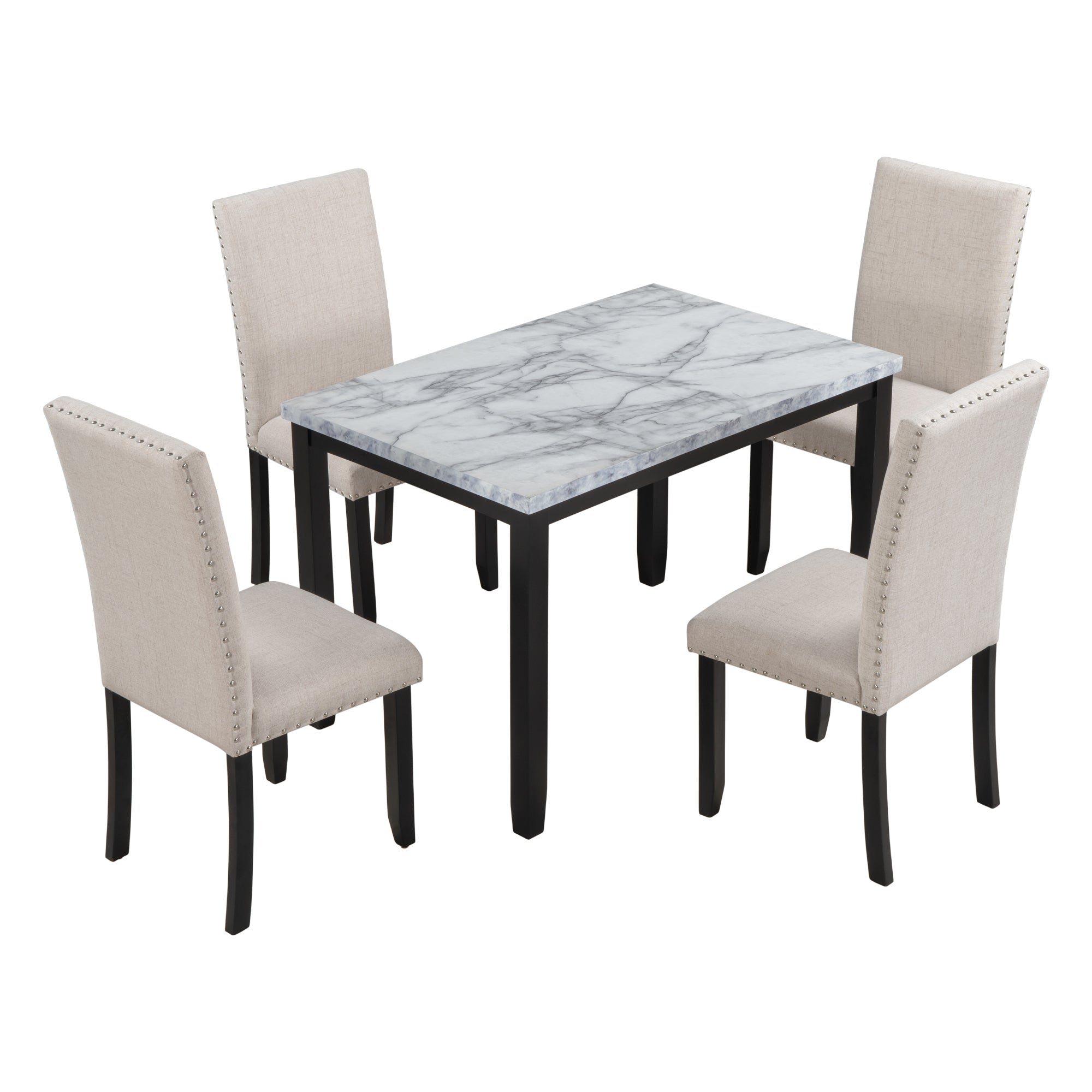 Faux Marble 5 Piece Dining Set Table With 4 Thicken Cushion Dining Chairs Home Furniture, White Beige Black White Solid Wood