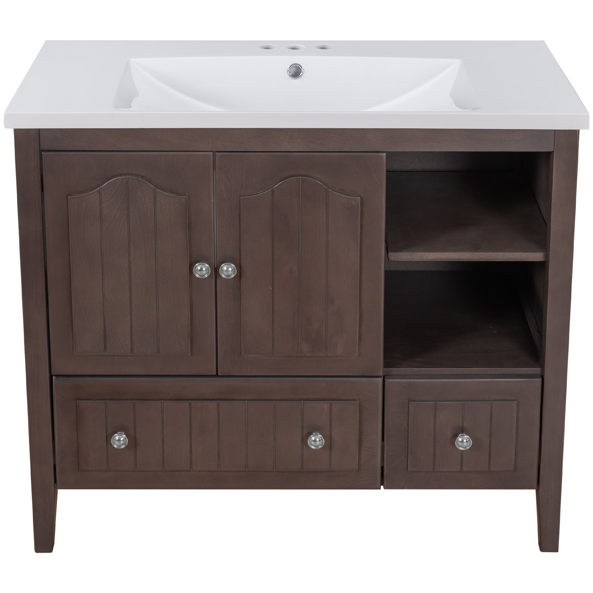 Video 36" Bathroom Vanity With Ceramic Basin, Bathroom Storage Cabinet With Two Doors And Drawers, Solid Frame, Metal Handles, Brown Old Sku: Jl000003Aad Brown Solid Wood