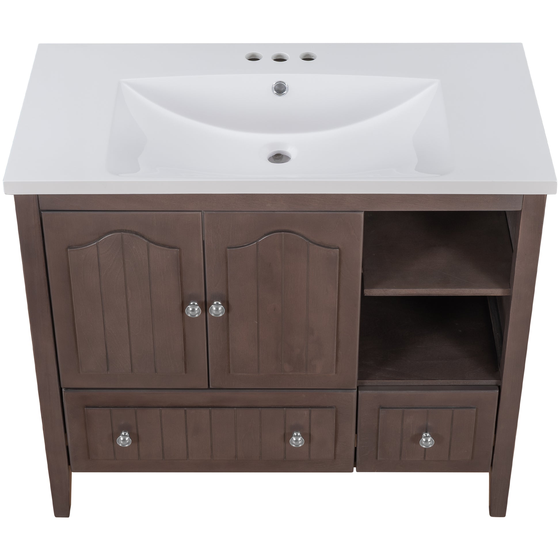 Video 36" Bathroom Vanity With Ceramic Basin, Bathroom Storage Cabinet With Two Doors And Drawers, Solid Frame, Metal Handles, Brown Old Sku: Jl000003Aad Brown Solid Wood