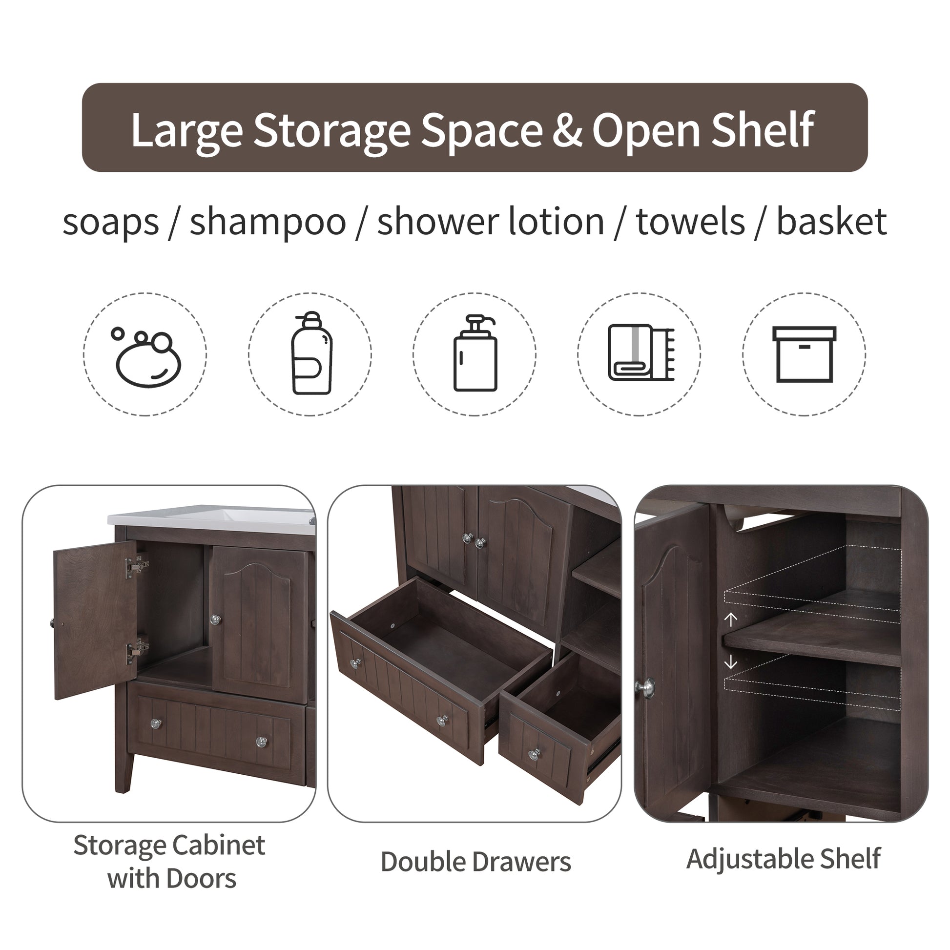 Video 36" Bathroom Vanity With Ceramic Basin, Bathroom Storage Cabinet With Two Doors And Drawers, Solid Frame, Metal Handles, Brown Old Sku: Jl000003Aad Brown Solid Wood