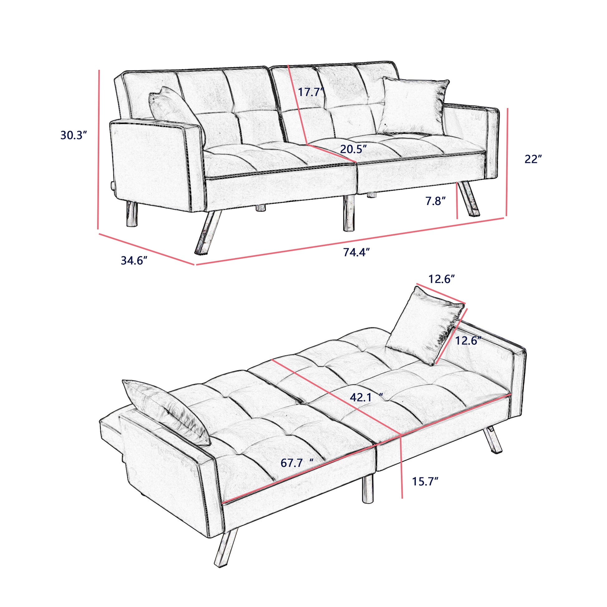 Cream White Velvet Sofa Couch Bed With Armrests And 2 Pillows For Living Room And Bedroom . White Cream White Tufted Back Square Arms Foam Velvet 2 Seat