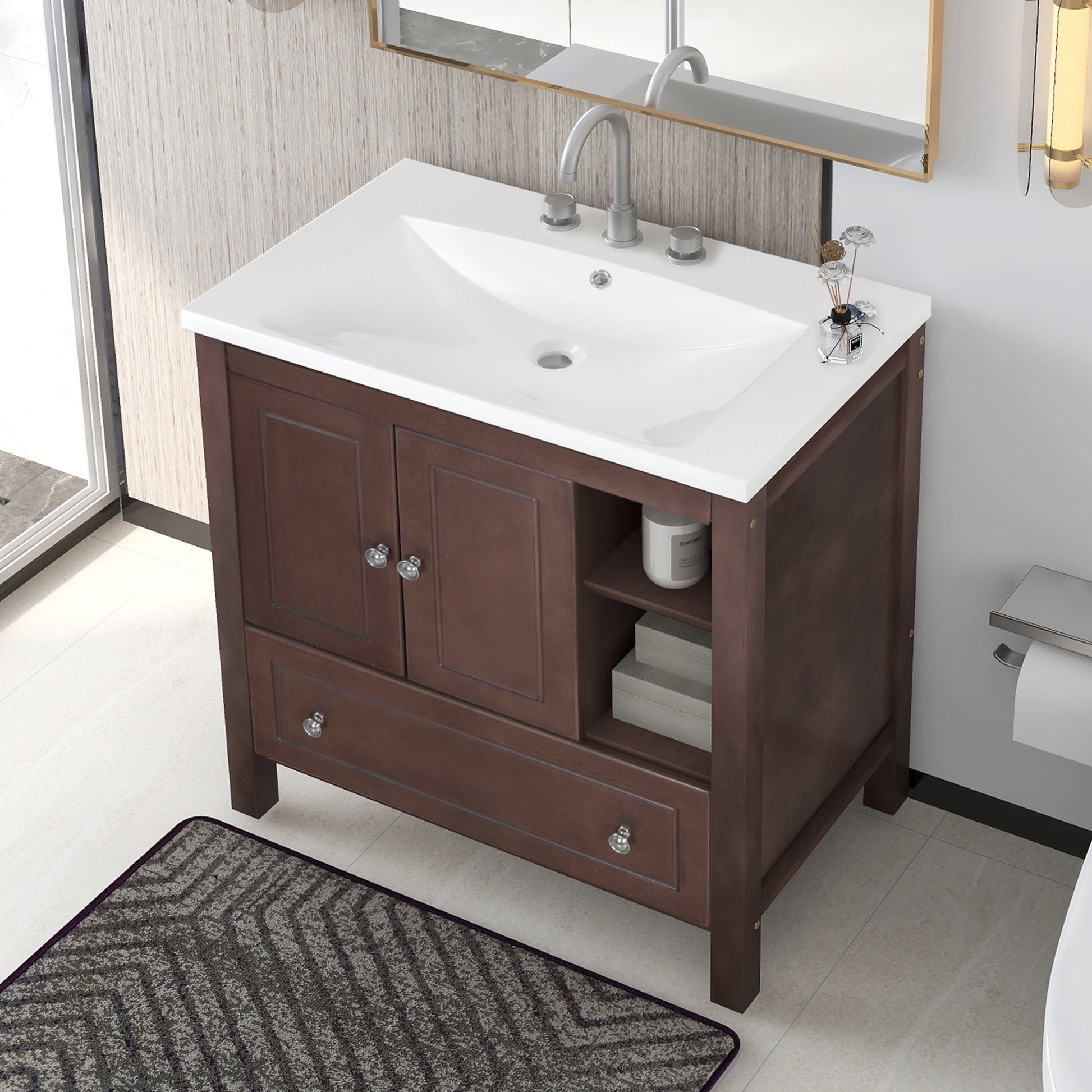 Video 30" Bathroom Vanity With Sink, Bathroom Storage Cabinet With Doors And Drawers, Solid Wood Frame, Ceramic Sink, Brown Old Sku: Jl000002Aad Brown Solid Wood