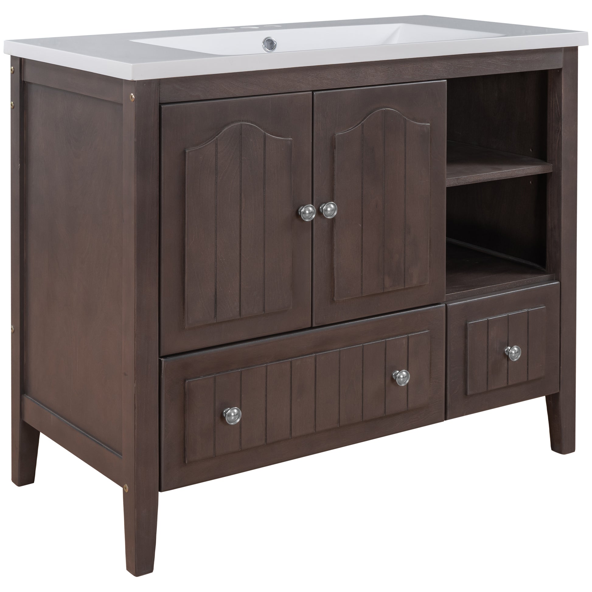 Video 36" Bathroom Vanity With Ceramic Basin, Bathroom Storage Cabinet With Two Doors And Drawers, Solid Frame, Metal Handles, Brown Old Sku: Jl000003Aad 1 Brown Solid Wood