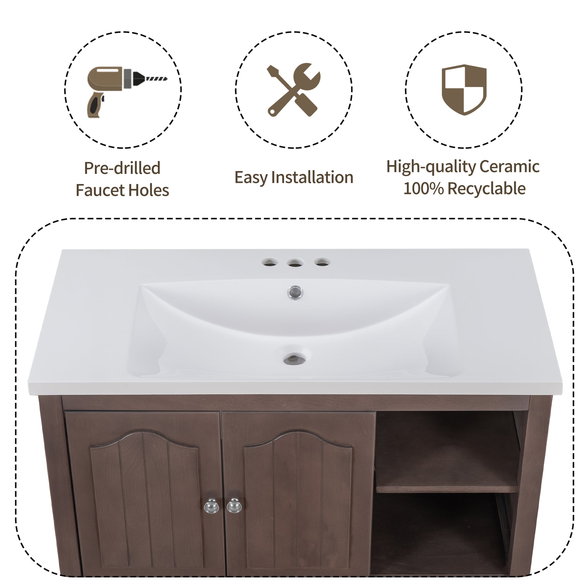 Video 36" Bathroom Vanity With Ceramic Basin, Bathroom Storage Cabinet With Two Doors And Drawers, Solid Frame, Metal Handles, Brown Old Sku: Jl000003Aad 1 Brown Solid Wood