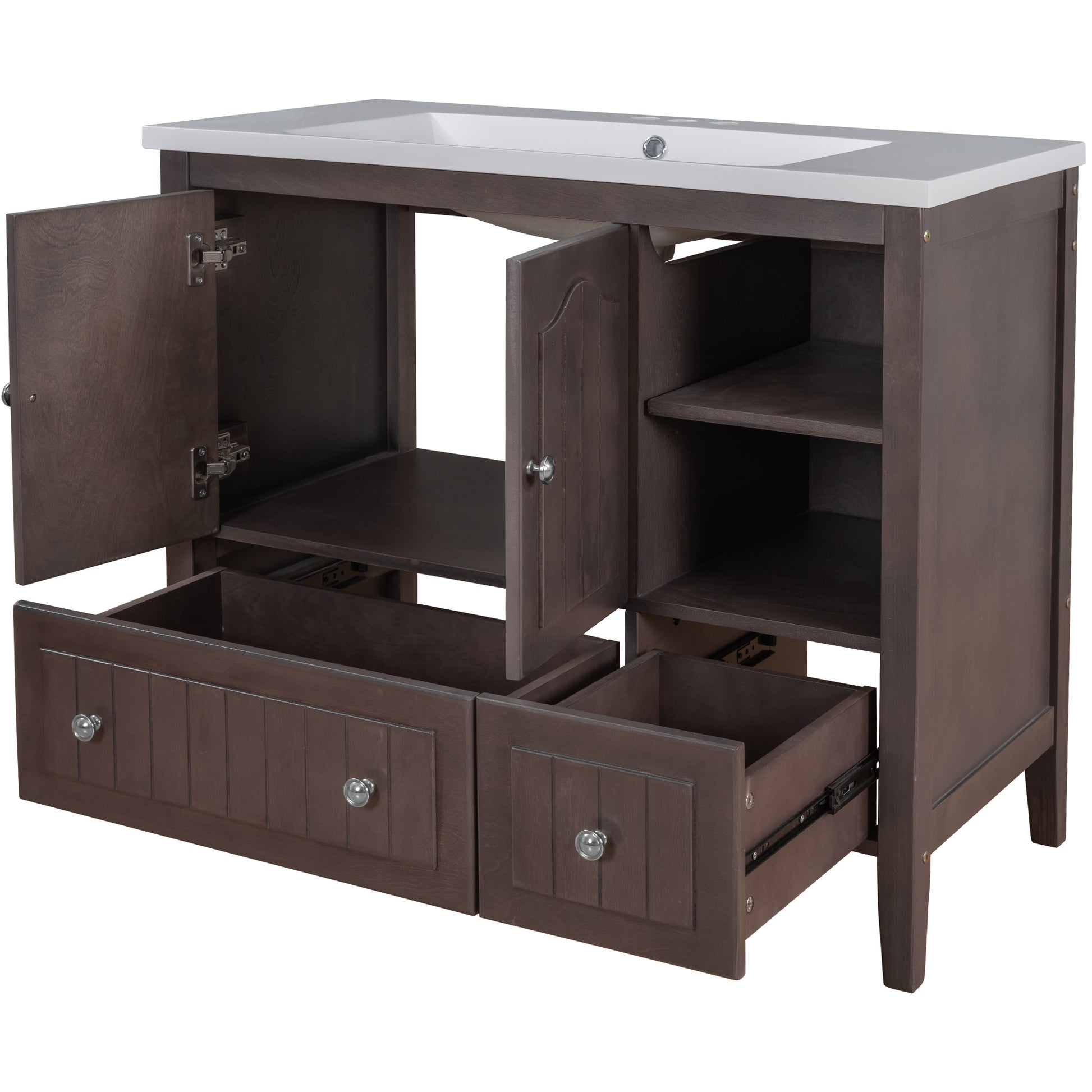 Video 36" Bathroom Vanity With Ceramic Basin, Bathroom Storage Cabinet With Two Doors And Drawers, Solid Frame, Metal Handles, Brown Old Sku: Jl000003Aad Brown Solid Wood