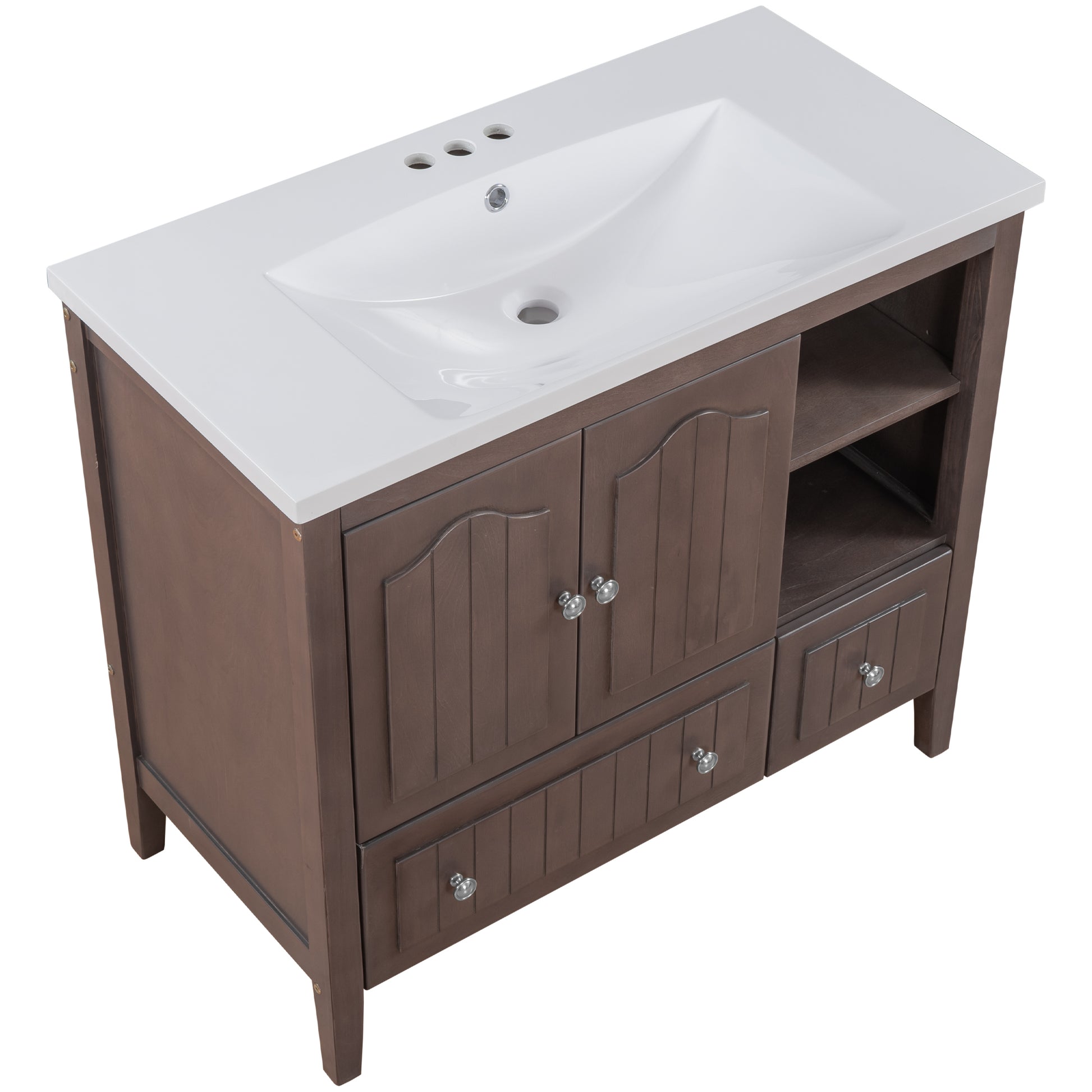 Video 36" Bathroom Vanity With Ceramic Basin, Bathroom Storage Cabinet With Two Doors And Drawers, Solid Frame, Metal Handles, Brown Old Sku: Jl000003Aad Brown Solid Wood