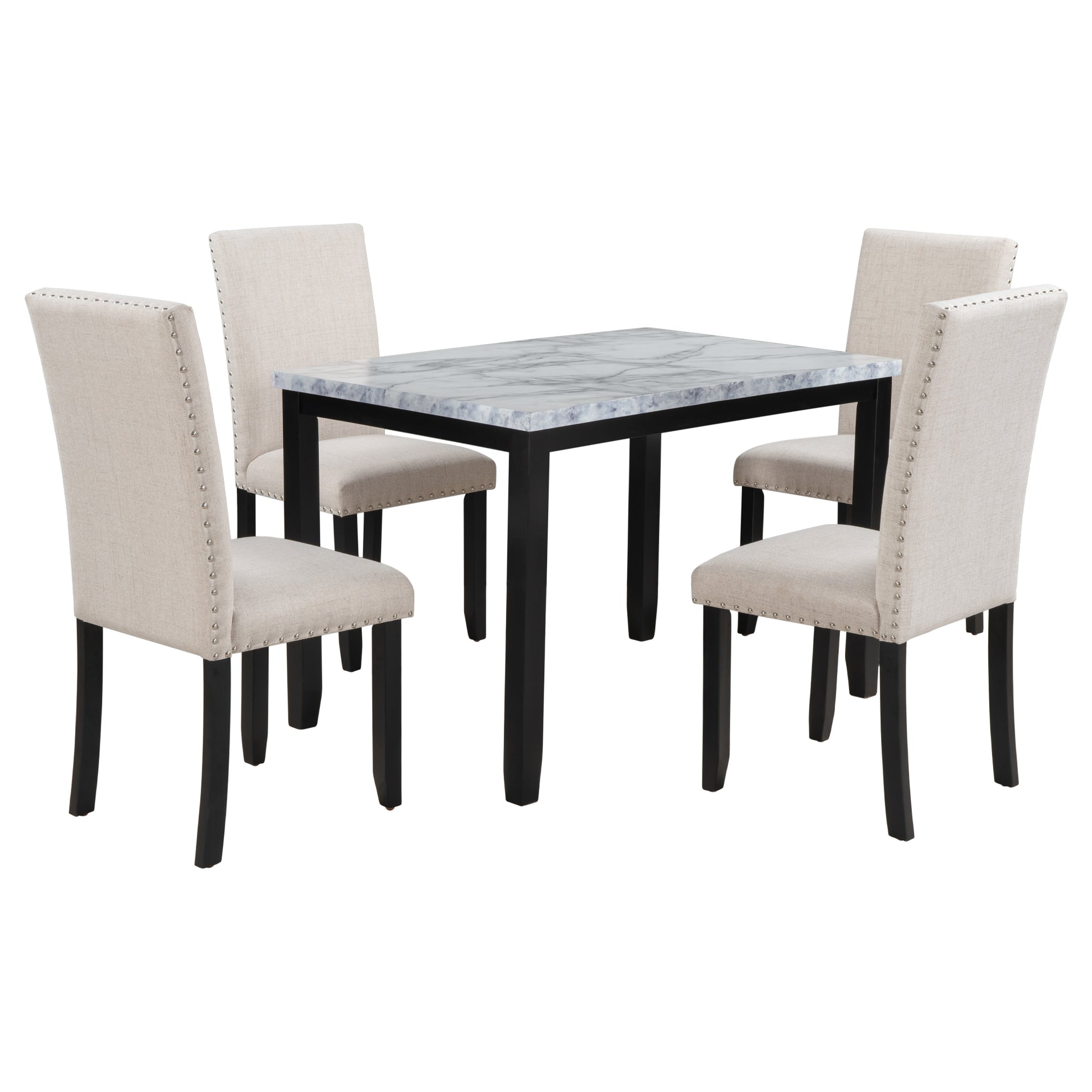 Faux Marble 5 Piece Dining Set Table With 4 Thicken Cushion Dining Chairs Home Furniture, White Beige Black White Solid Wood