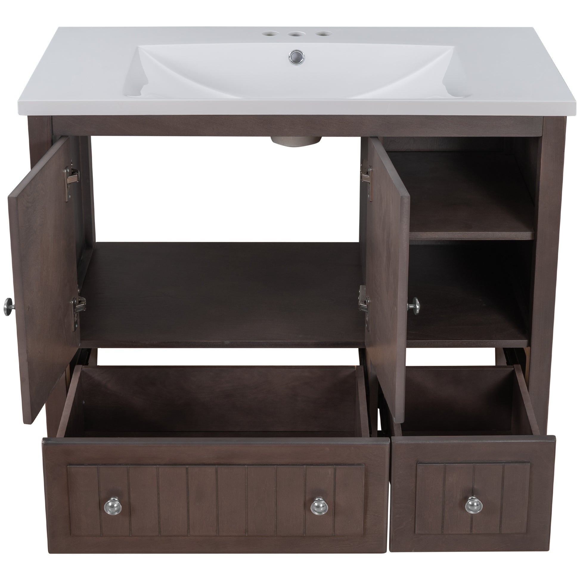 Video 36" Bathroom Vanity With Ceramic Basin, Bathroom Storage Cabinet With Two Doors And Drawers, Solid Frame, Metal Handles, Brown Old Sku: Jl000003Aad Brown Solid Wood