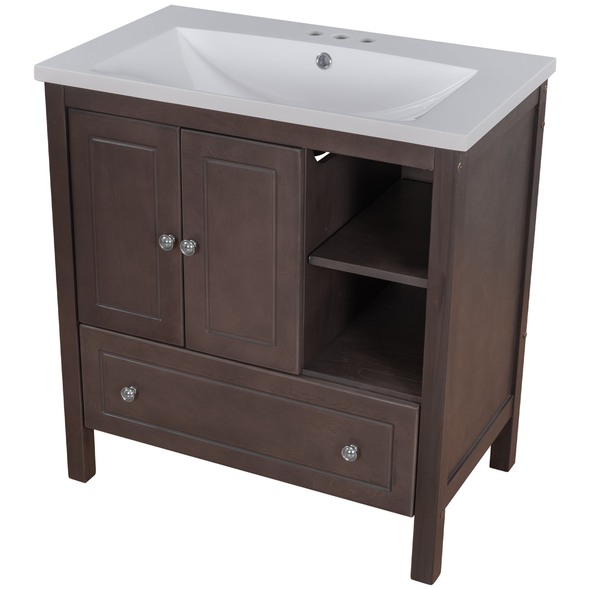 Video 30" Bathroom Vanity With Sink, Bathroom Storage Cabinet With Doors And Drawers, Solid Wood Frame, Ceramic Sink, Brown Old Sku: Jl000002Aad Brown Solid Wood