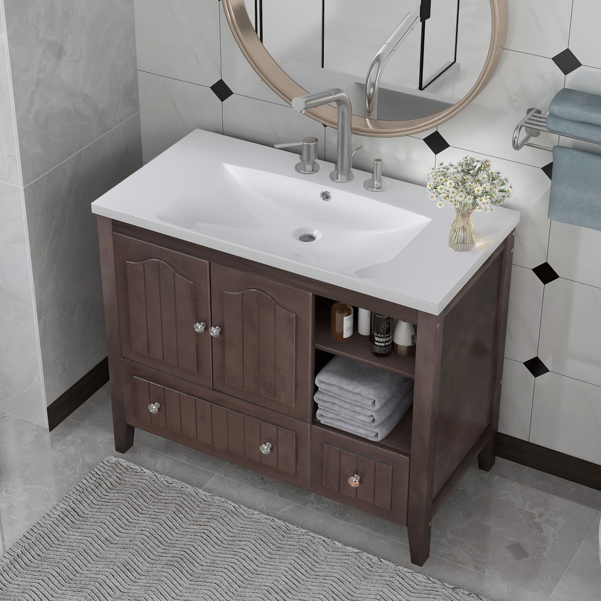 Video 36" Bathroom Vanity With Ceramic Basin, Bathroom Storage Cabinet With Two Doors And Drawers, Solid Frame, Metal Handles, Brown Old Sku: Jl000003Aad Brown Solid Wood