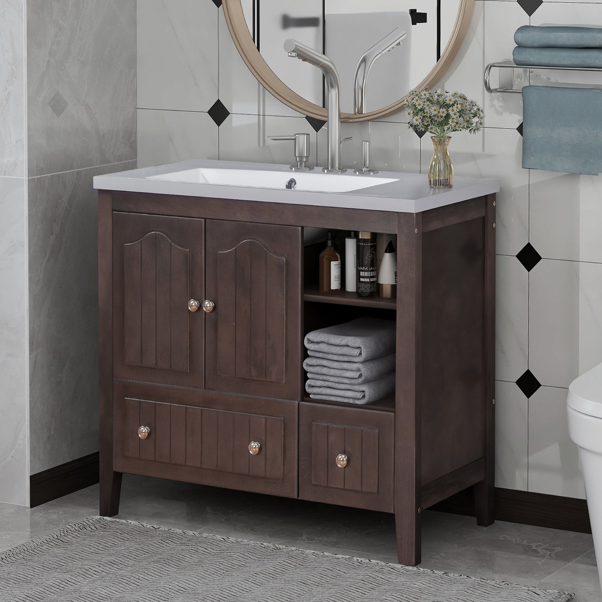 Video 36" Bathroom Vanity With Ceramic Basin, Bathroom Storage Cabinet With Two Doors And Drawers, Solid Frame, Metal Handles, Brown Old Sku: Jl000003Aad Brown Solid Wood