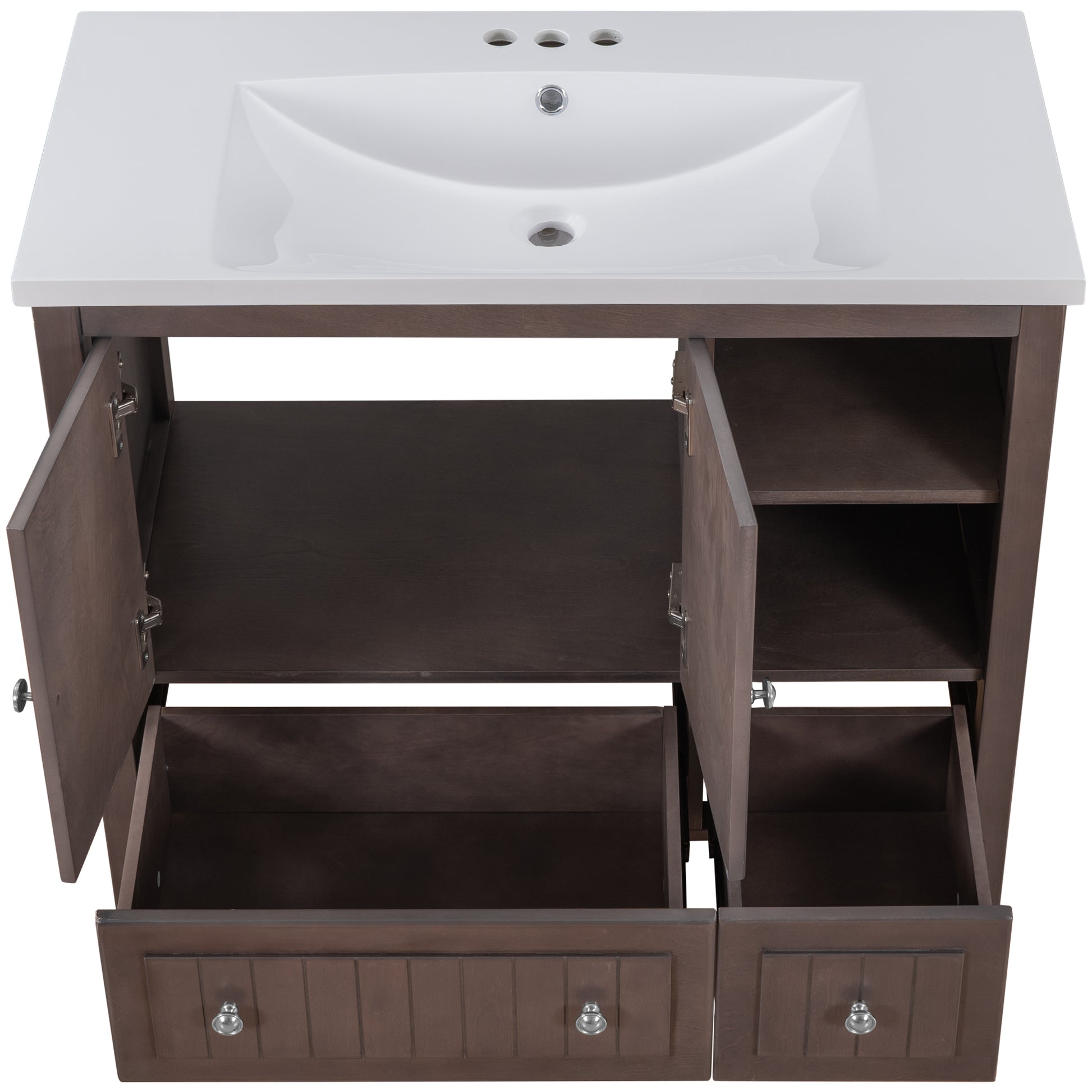 Video 36" Bathroom Vanity With Ceramic Basin, Bathroom Storage Cabinet With Two Doors And Drawers, Solid Frame, Metal Handles, Brown Old Sku: Jl000003Aad Brown Solid Wood