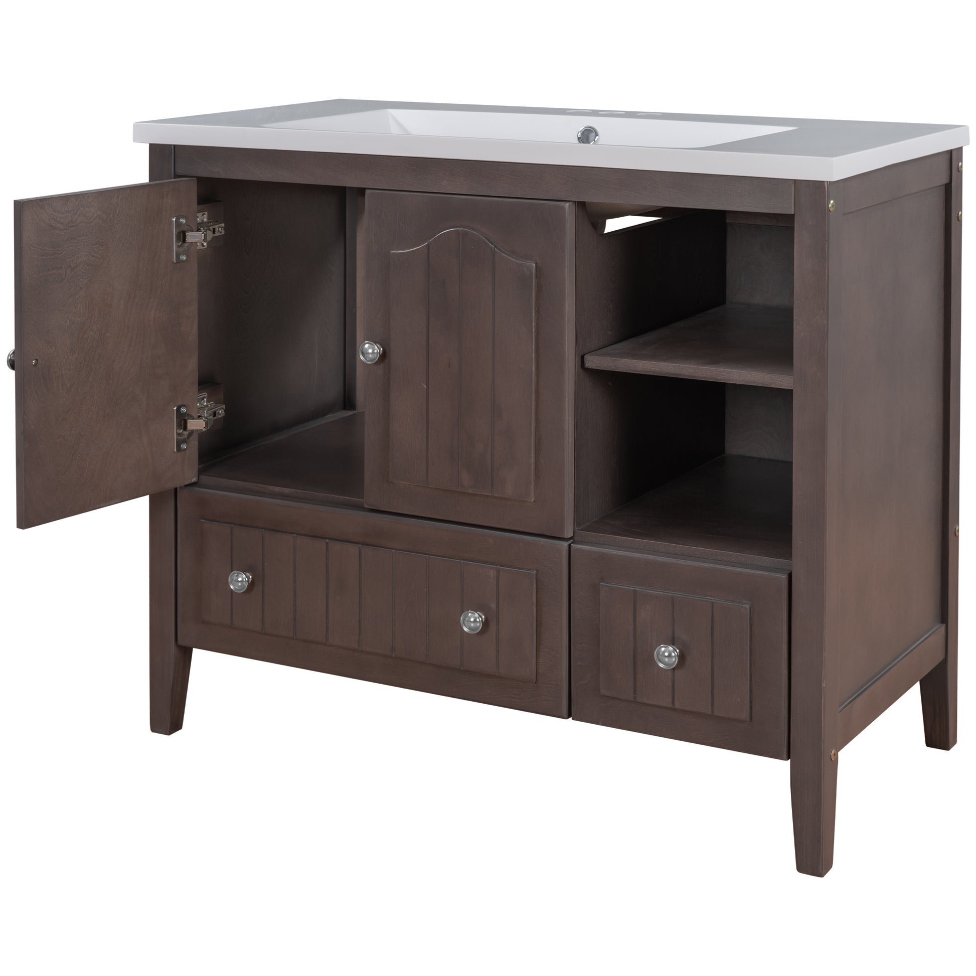 Video 36" Bathroom Vanity With Ceramic Basin, Bathroom Storage Cabinet With Two Doors And Drawers, Solid Frame, Metal Handles, Brown Old Sku: Jl000003Aad Brown Solid Wood