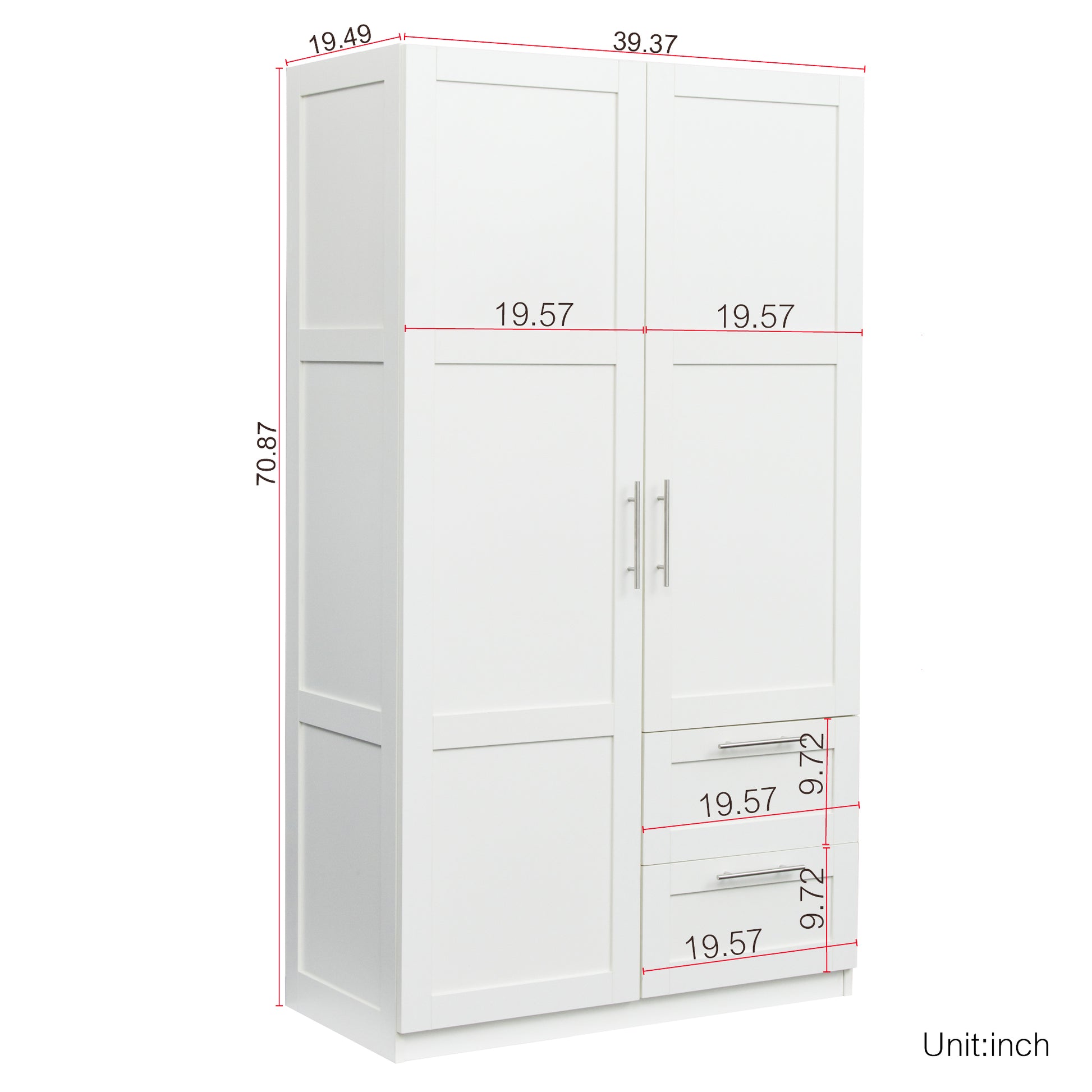 High Wardrobe And Kitchen Cabinet With 2 Doors, 2 Drawers And 5 Storage Spaces,White White Mdf