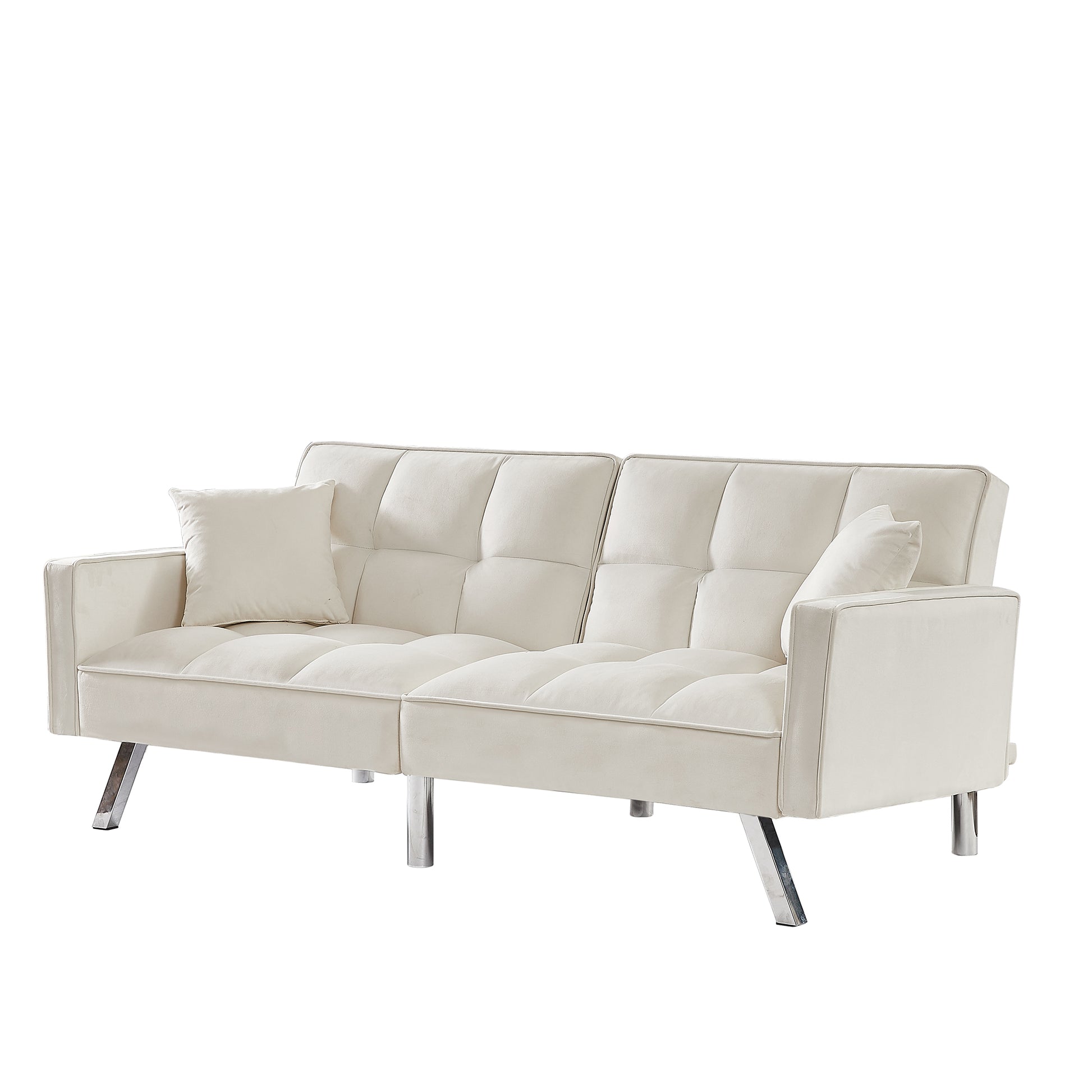 Cream White Velvet Sofa Couch Bed With Armrests And 2 Pillows For Living Room And Bedroom . White Cream White Tufted Back Square Arms Foam Velvet 2 Seat