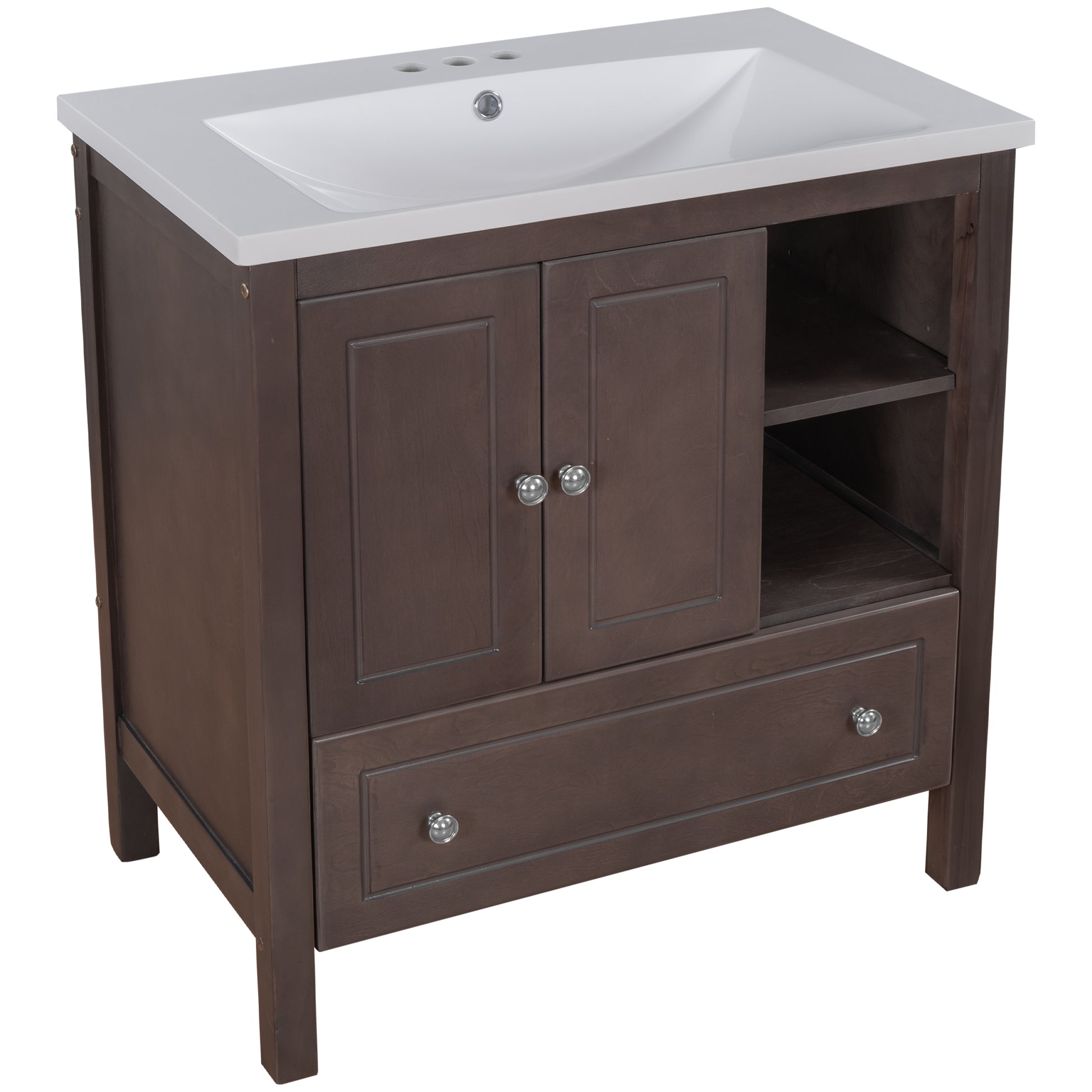 Video 30" Bathroom Vanity With Sink, Bathroom Storage Cabinet With Doors And Drawers, Solid Wood Frame, Ceramic Sink, Brown Old Sku: Jl000002Aad Brown Solid Wood