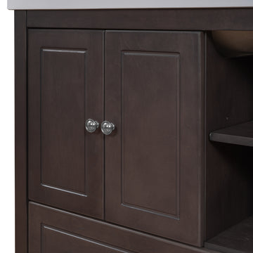 Video 30" Bathroom Vanity With Sink, Bathroom Storage Cabinet With Doors And Drawers, Solid Wood Frame, Ceramic Sink, Brown Old Sku: Jl000002Aad Brown Solid Wood