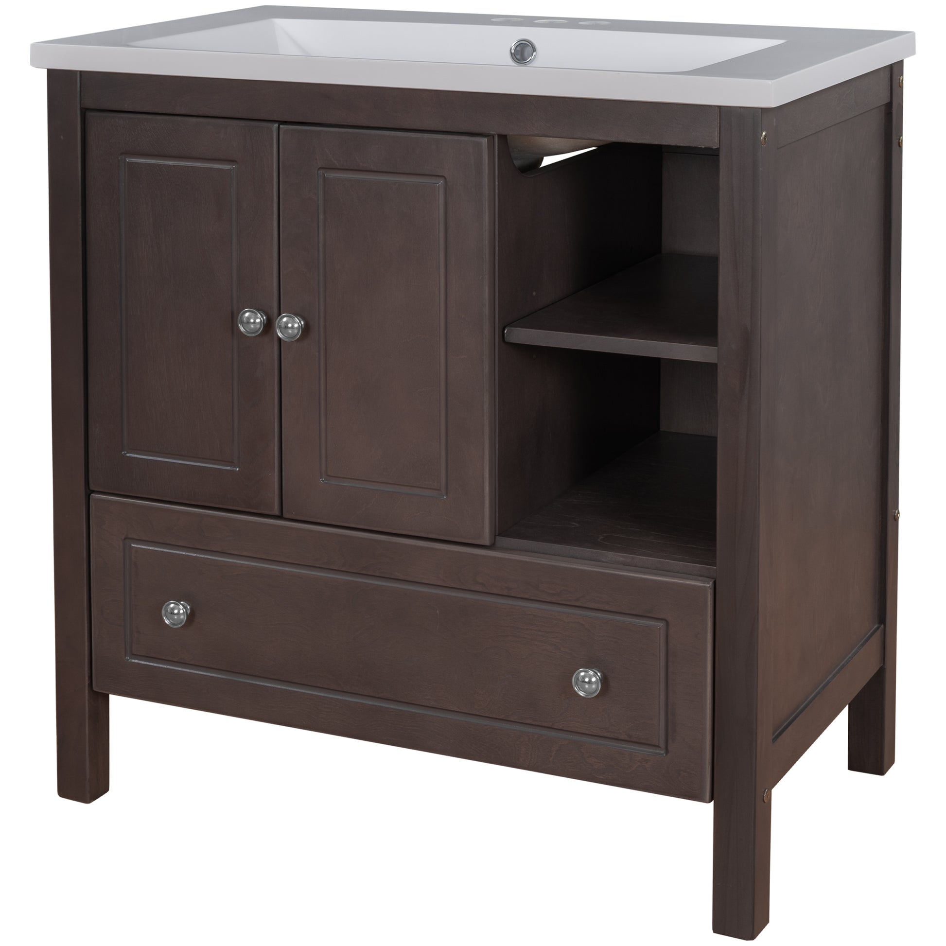 Video 30" Bathroom Vanity With Sink, Bathroom Storage Cabinet With Doors And Drawers, Solid Wood Frame, Ceramic Sink, Brown Old Sku: Jl000002Aad Brown Solid Wood