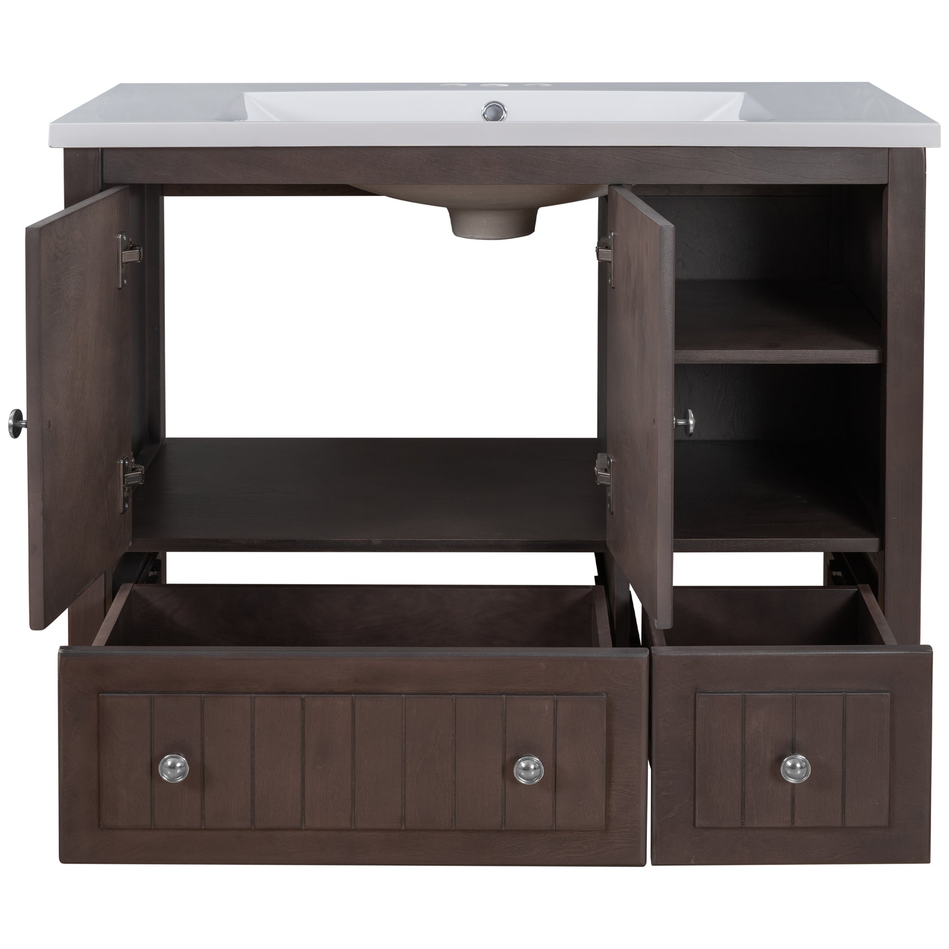 Video 36" Bathroom Vanity With Ceramic Basin, Bathroom Storage Cabinet With Two Doors And Drawers, Solid Frame, Metal Handles, Brown Old Sku: Jl000003Aad Brown Solid Wood