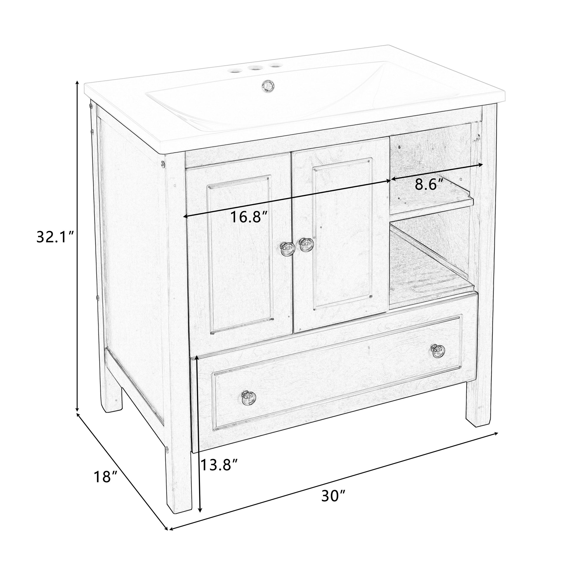 Video 30" Bathroom Vanity With Sink, Bathroom Storage Cabinet With Doors And Drawers, Solid Wood Frame, Ceramic Sink, Brown Old Sku: Jl000002Aad Brown Solid Wood