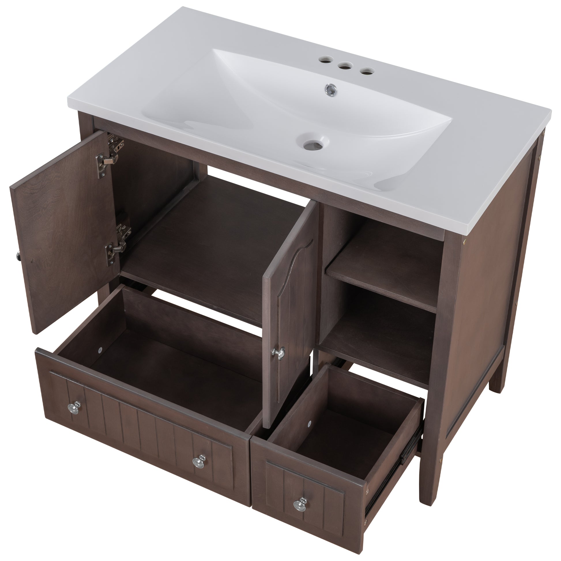 Video 36" Bathroom Vanity With Ceramic Basin, Bathroom Storage Cabinet With Two Doors And Drawers, Solid Frame, Metal Handles, Brown Old Sku: Jl000003Aad Brown Solid Wood