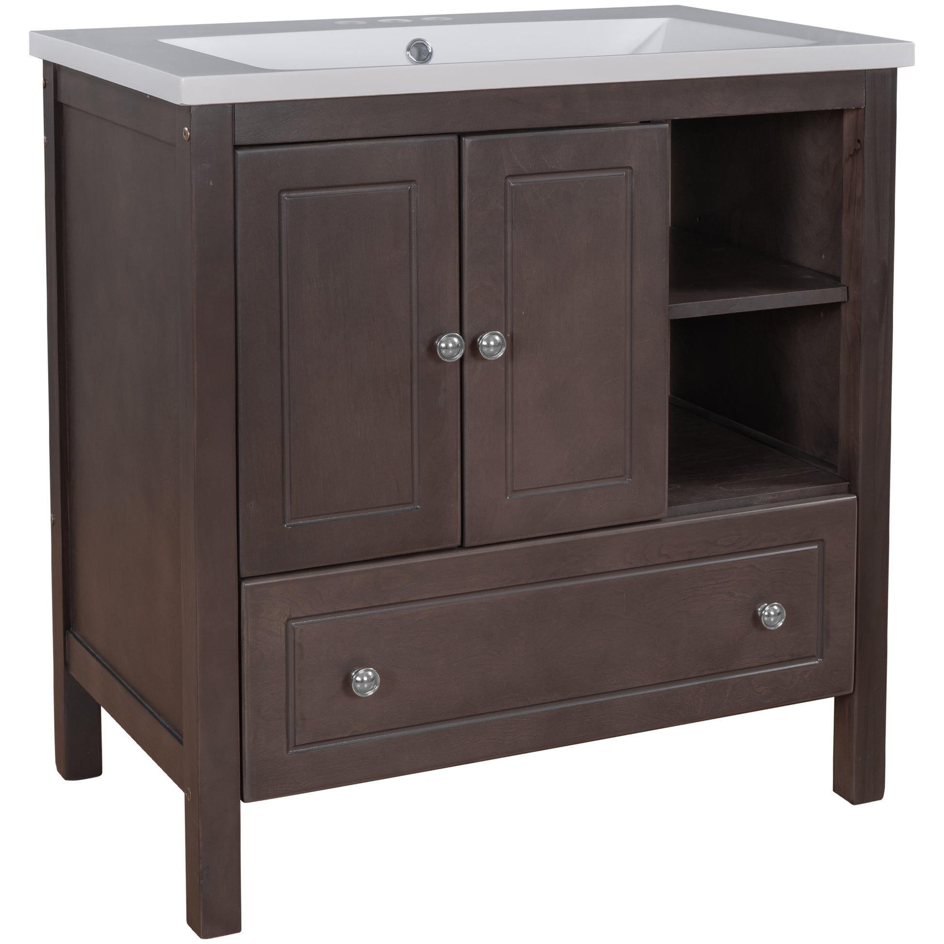 Video 30" Bathroom Vanity With Sink, Bathroom Storage Cabinet With Doors And Drawers, Solid Wood Frame, Ceramic Sink, Brown Old Sku: Jl000002Aad Brown Solid Wood