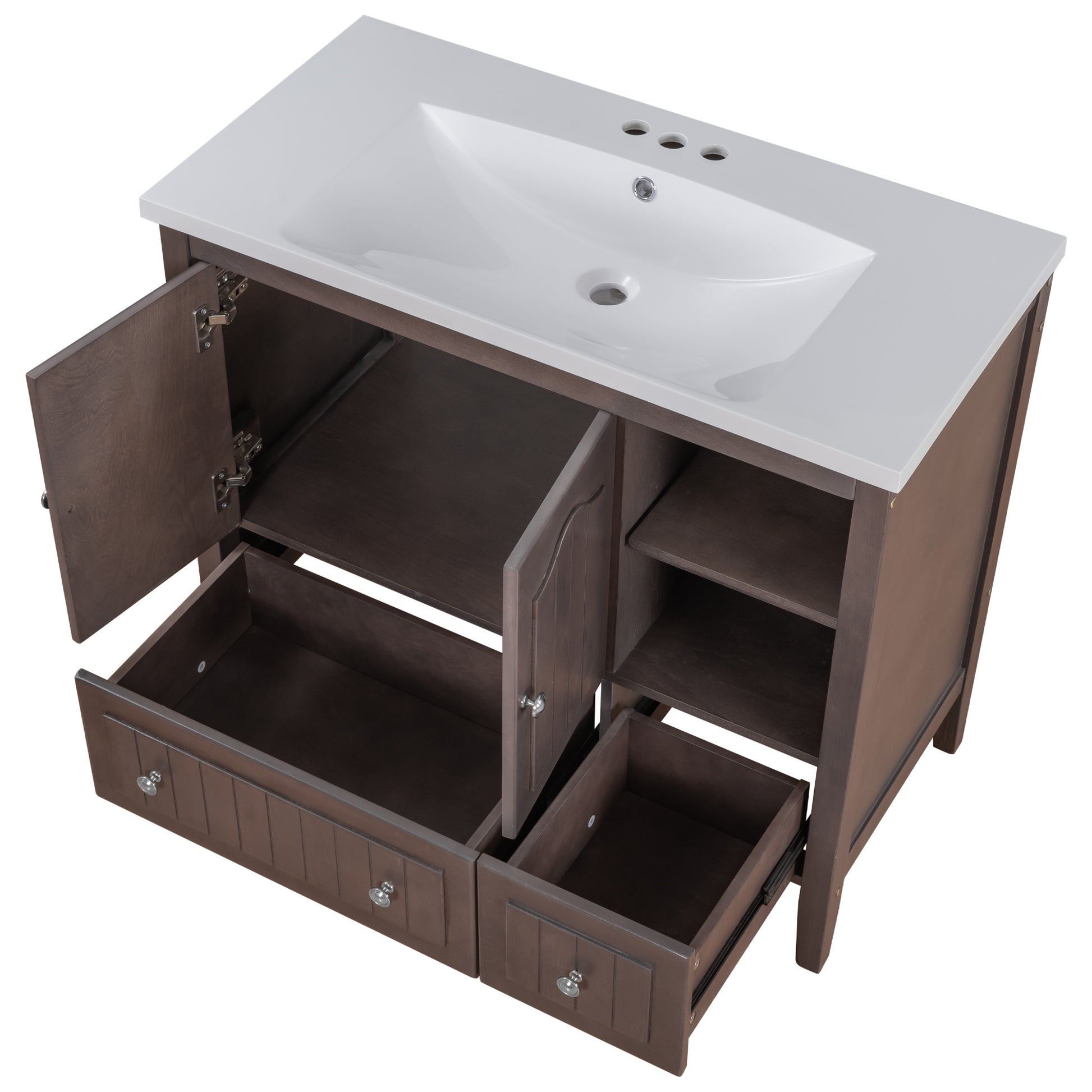 Video 36" Bathroom Vanity With Ceramic Basin, Bathroom Storage Cabinet With Two Doors And Drawers, Solid Frame, Metal Handles, Brown Old Sku: Jl000003Aad Brown Solid Wood