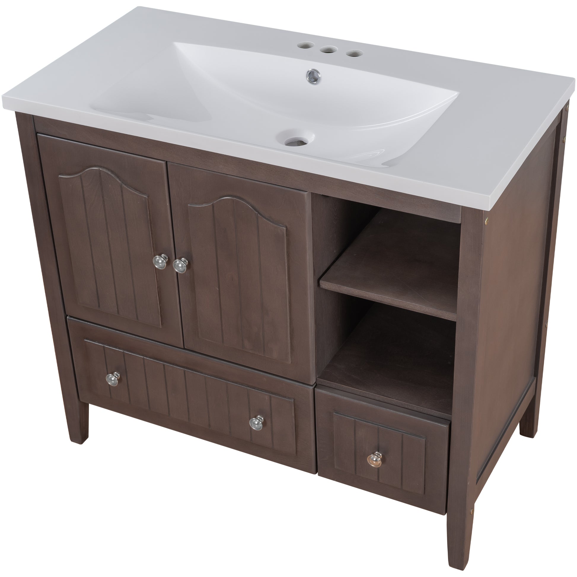 Video 36" Bathroom Vanity With Ceramic Basin, Bathroom Storage Cabinet With Two Doors And Drawers, Solid Frame, Metal Handles, Brown Old Sku: Jl000003Aad Brown Solid Wood