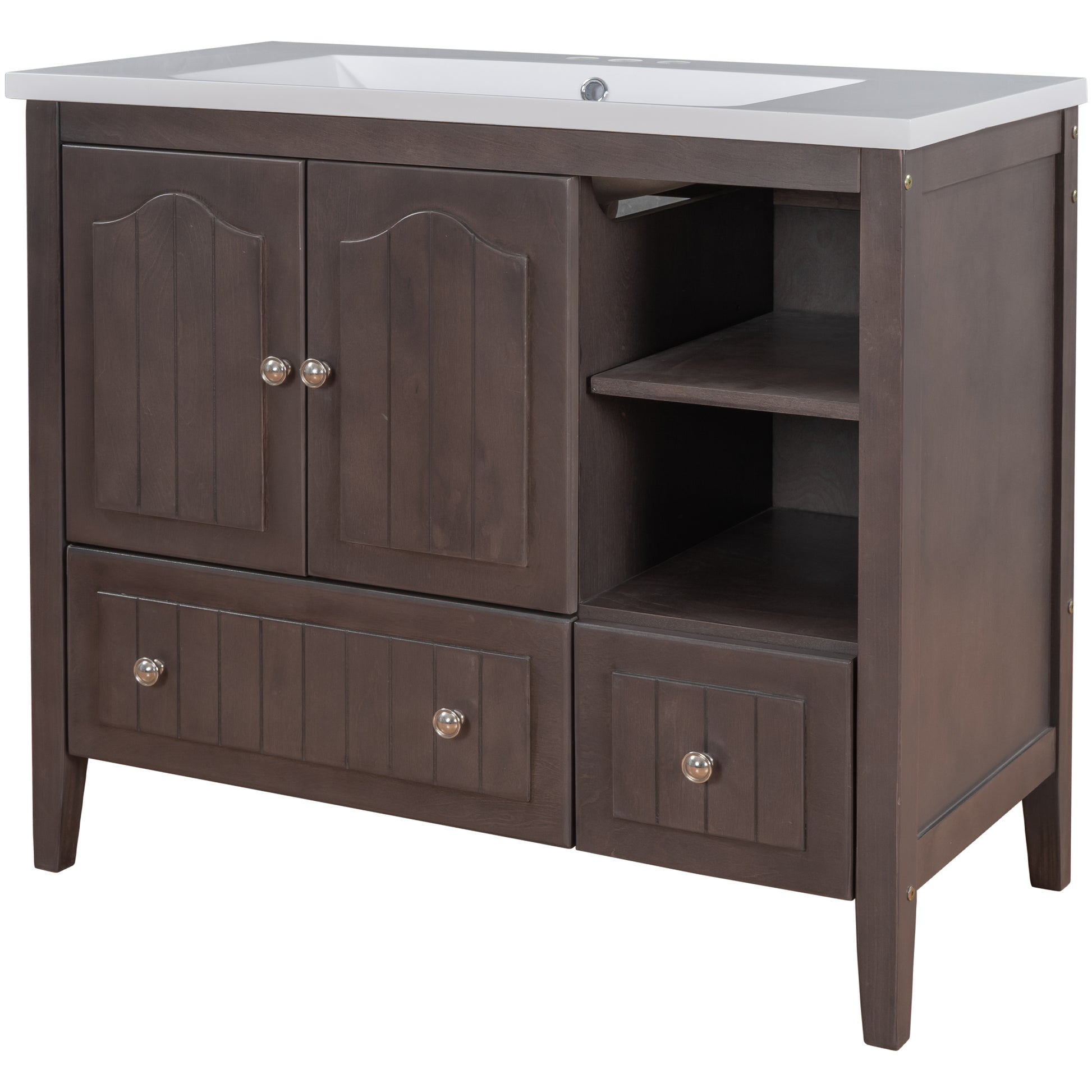 Video 36" Bathroom Vanity With Ceramic Basin, Bathroom Storage Cabinet With Two Doors And Drawers, Solid Frame, Metal Handles, Brown Old Sku: Jl000003Aad Brown Solid Wood