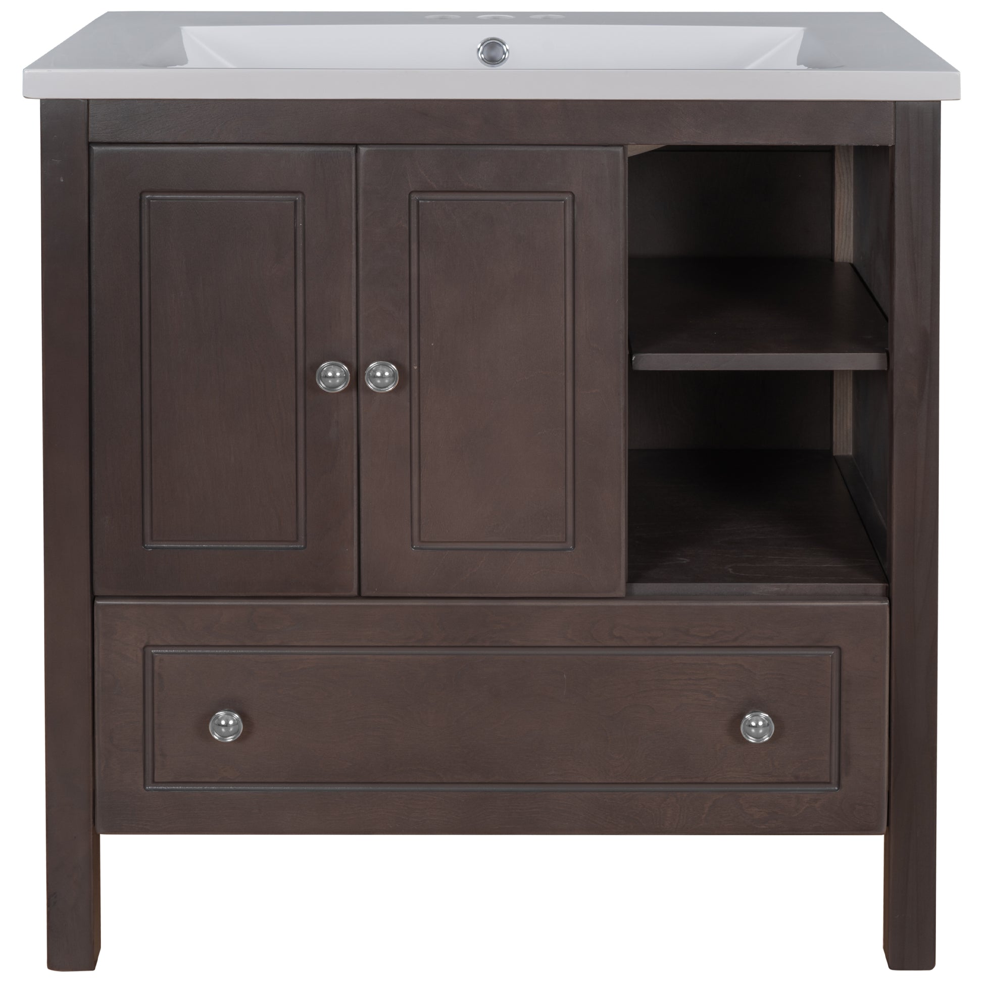 Video 30" Bathroom Vanity With Sink, Bathroom Storage Cabinet With Doors And Drawers, Solid Wood Frame, Ceramic Sink, Brown Old Sku: Jl000002Aad Brown Solid Wood