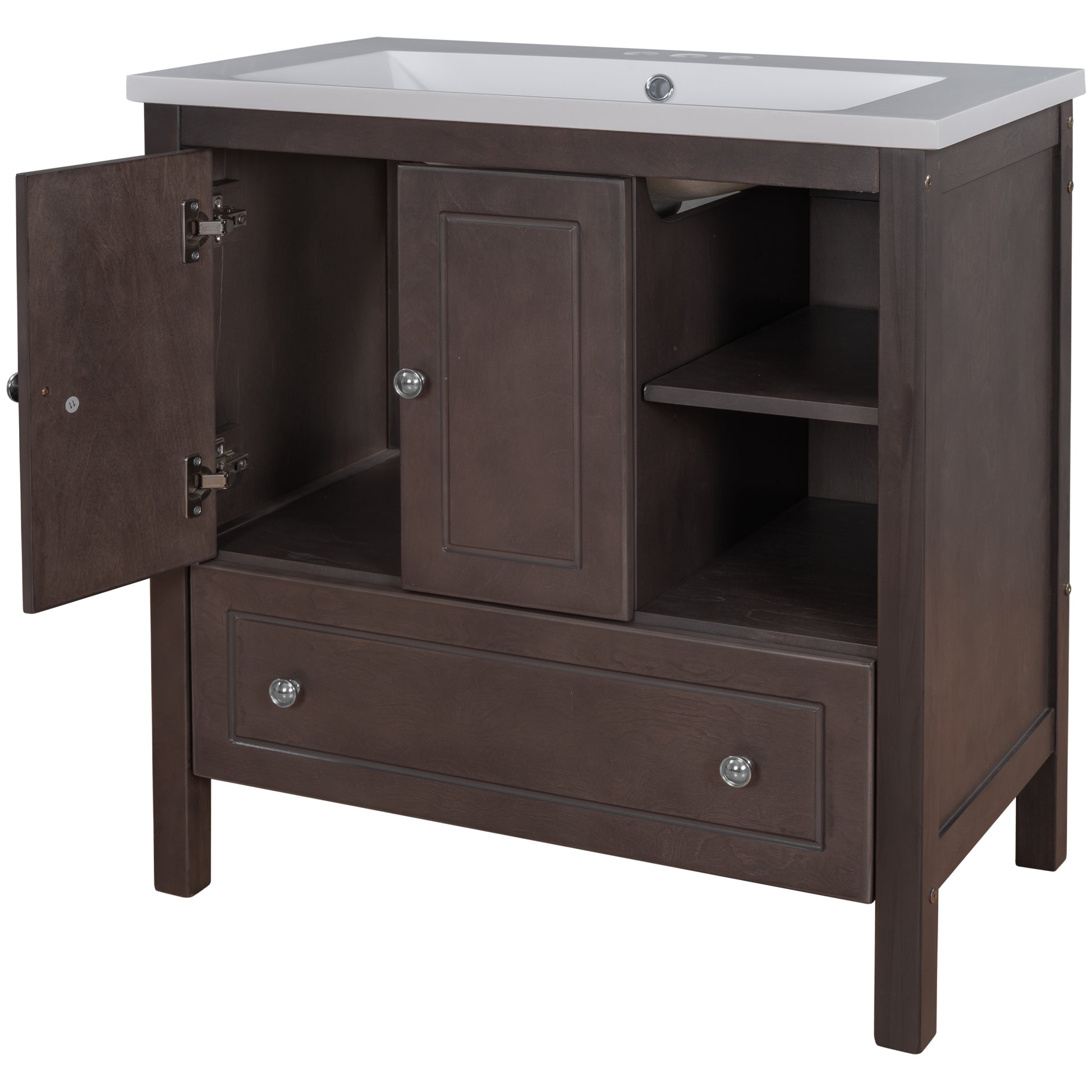 Video 30" Bathroom Vanity With Sink, Bathroom Storage Cabinet With Doors And Drawers, Solid Wood Frame, Ceramic Sink, Brown Old Sku: Jl000002Aad Brown Solid Wood