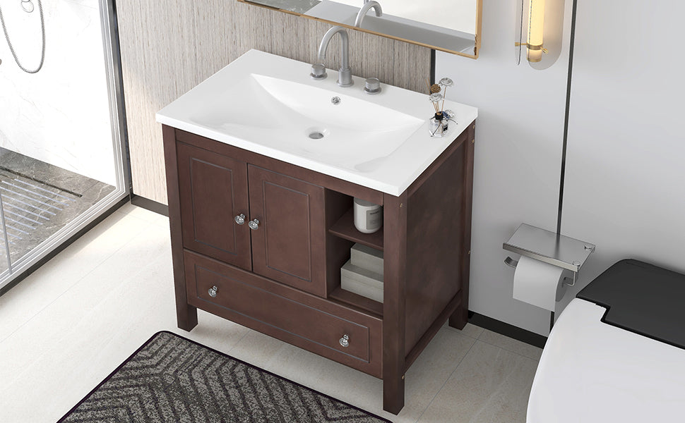 Video 30" Bathroom Vanity With Sink, Bathroom Storage Cabinet With Doors And Drawers, Solid Wood Frame, Ceramic Sink, Brown Old Sku: Jl000002Aad Brown Solid Wood