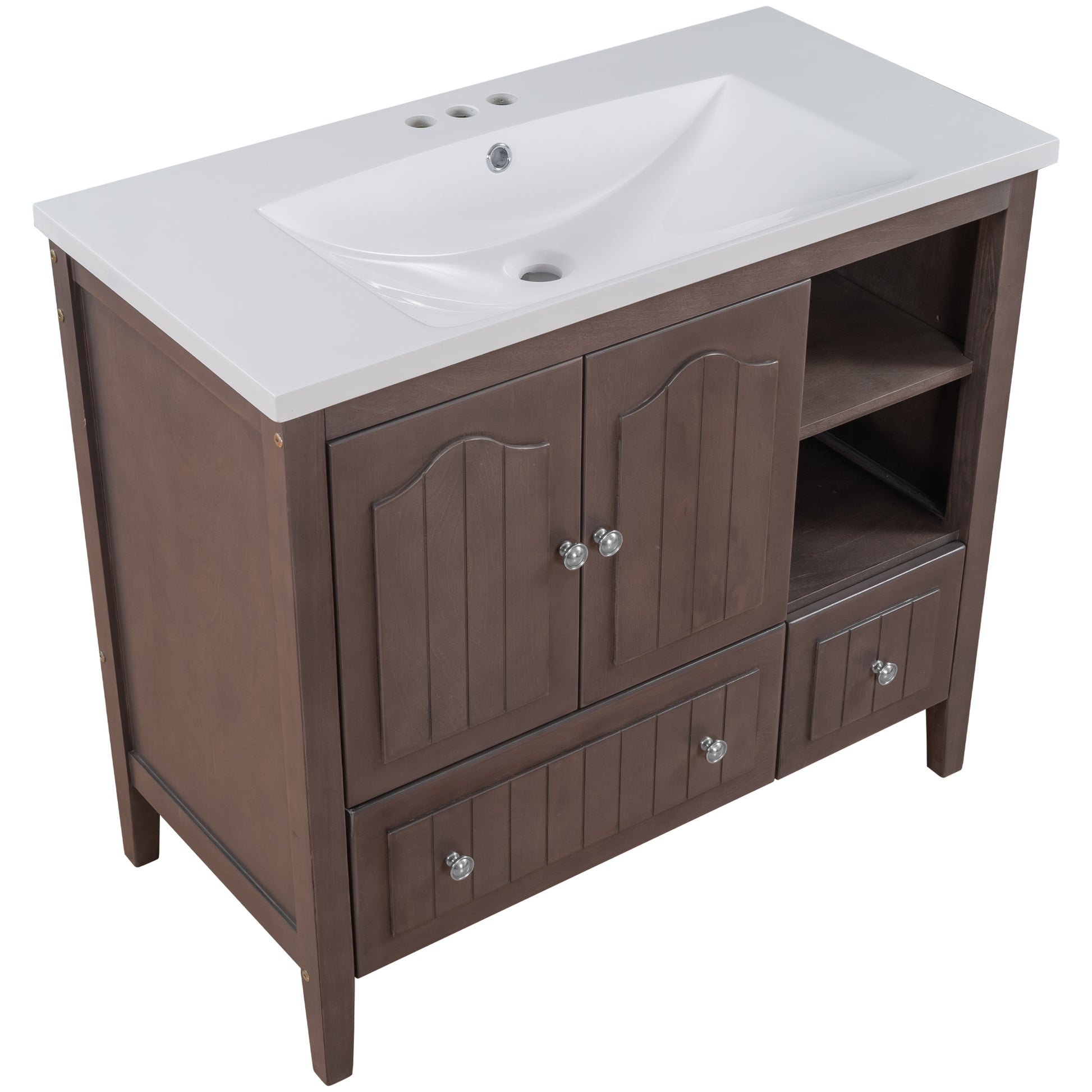 Video 36" Bathroom Vanity With Ceramic Basin, Bathroom Storage Cabinet With Two Doors And Drawers, Solid Frame, Metal Handles, Brown Old Sku: Jl000003Aad Brown Solid Wood