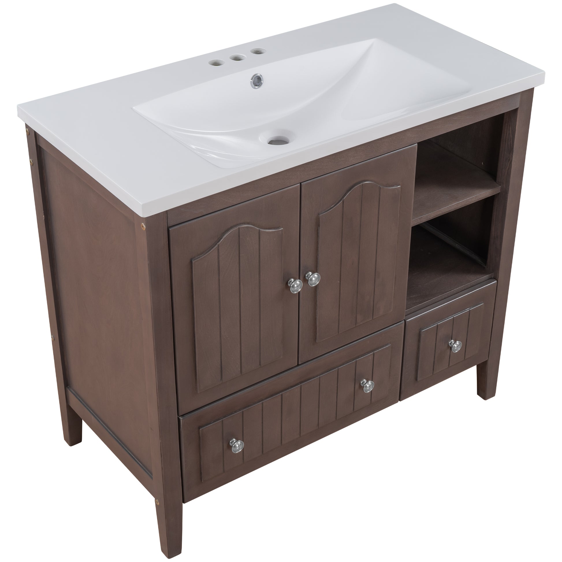 Video 36" Bathroom Vanity With Ceramic Basin, Bathroom Storage Cabinet With Two Doors And Drawers, Solid Frame, Metal Handles, Brown Old Sku: Jl000003Aad 1 Brown Solid Wood