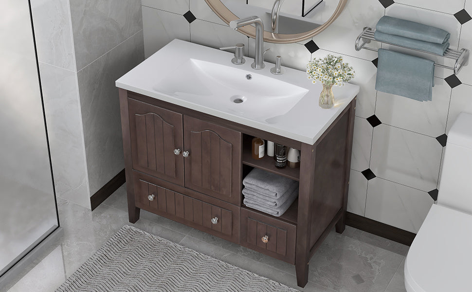 Video 36" Bathroom Vanity With Ceramic Basin, Bathroom Storage Cabinet With Two Doors And Drawers, Solid Frame, Metal Handles, Brown Old Sku: Jl000003Aad Brown Solid Wood