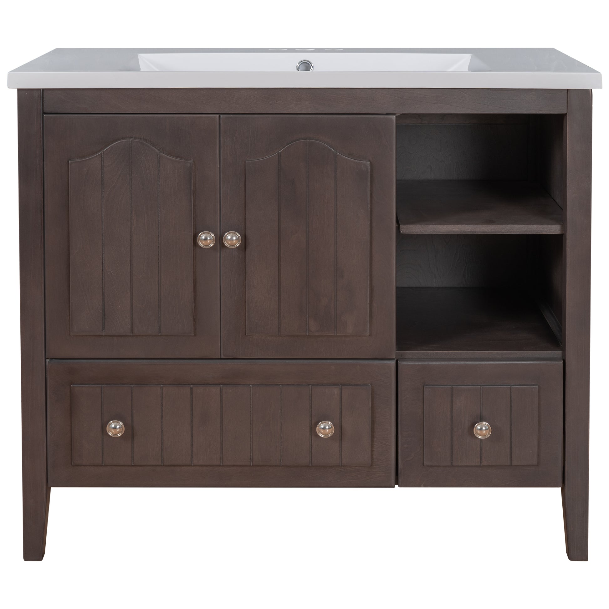 Video 36" Bathroom Vanity With Ceramic Basin, Bathroom Storage Cabinet With Two Doors And Drawers, Solid Frame, Metal Handles, Brown Old Sku: Jl000003Aad Brown Solid Wood