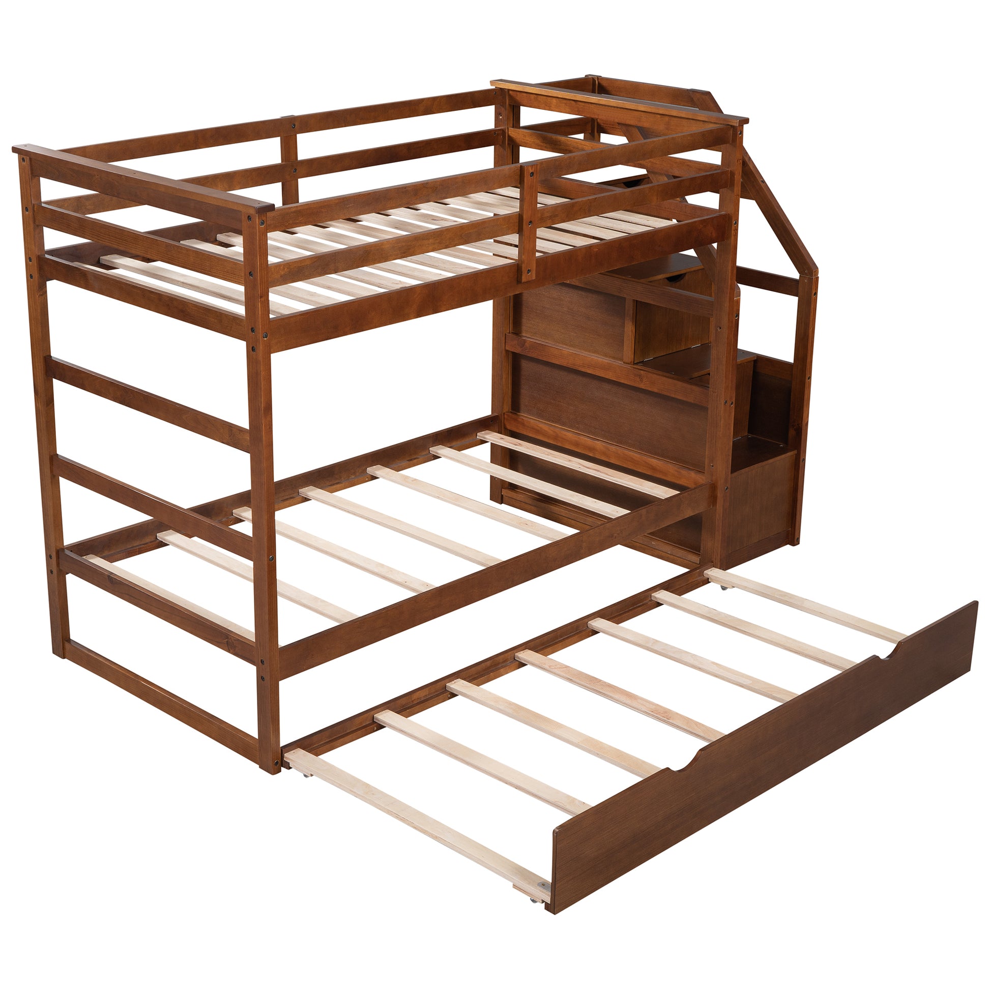 Twin Over Twin Bunk Bed With Twin Size Trundle And 3 Storage Stairs,Walnut Old Sku :Lp000064Aad Walnut Solid Wood