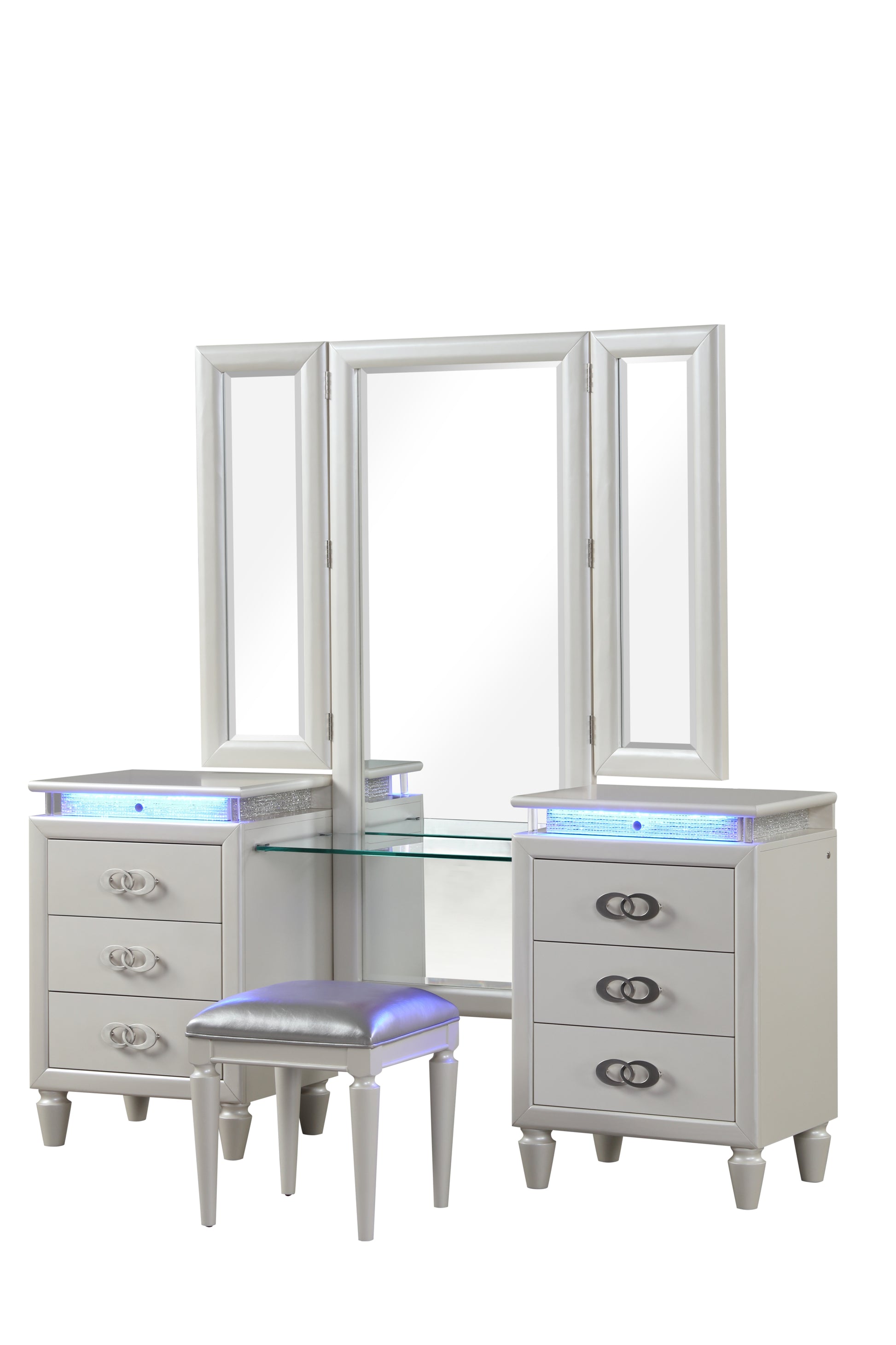 Passion Queen 4 Pc Vanity Led Bedroom Set Made With Wood In Milky White White Bedroom Modern Wood