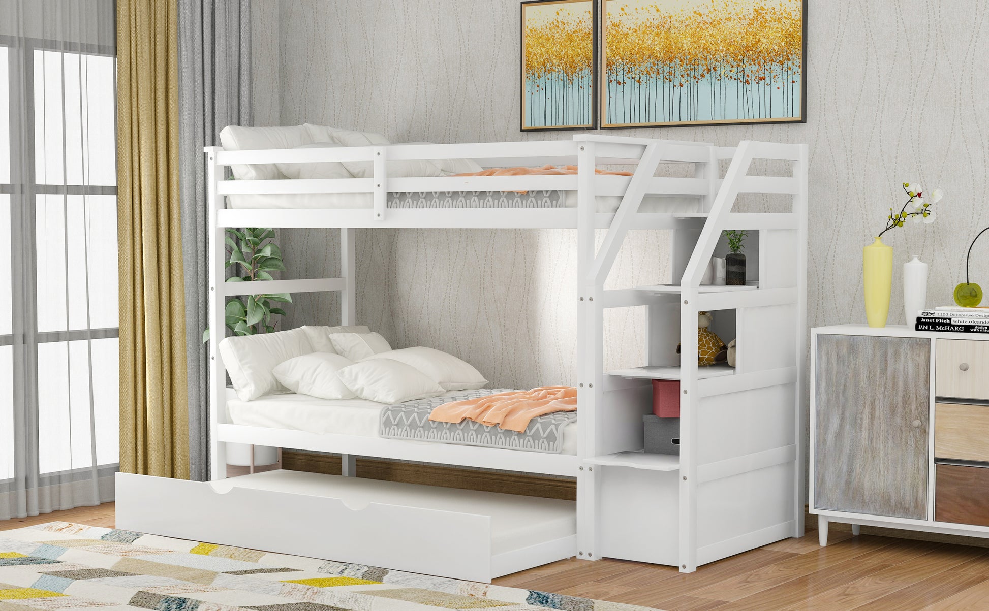 Twin Over Twin Bunk Bed With Twin Size Trundle And 3 Storage Stairs,White Old Sku :Lp000064Aak White Solid Wood