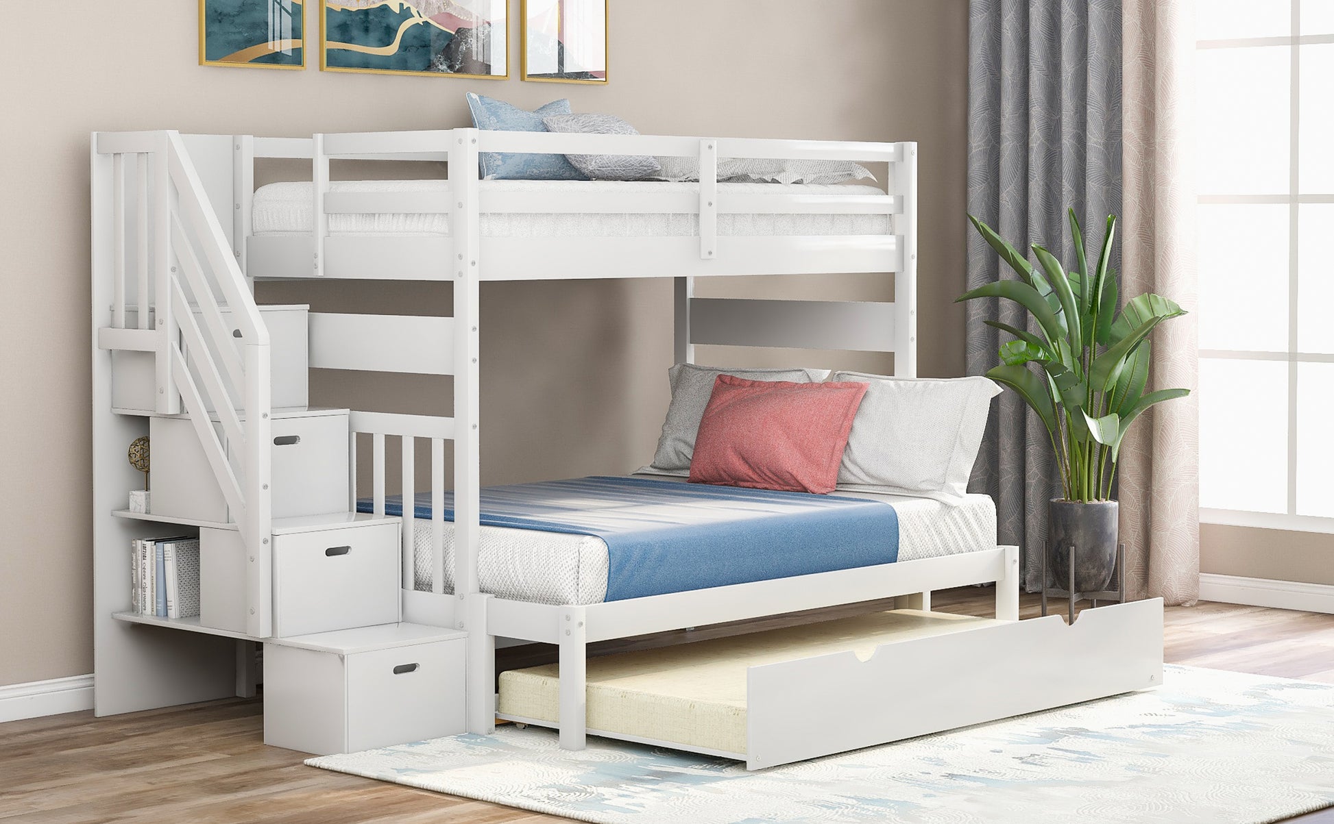 Twin Over Twin Full Bunk Bed With Twin Size Trundle White Old Sku :Lp000025Aak White Solid Wood