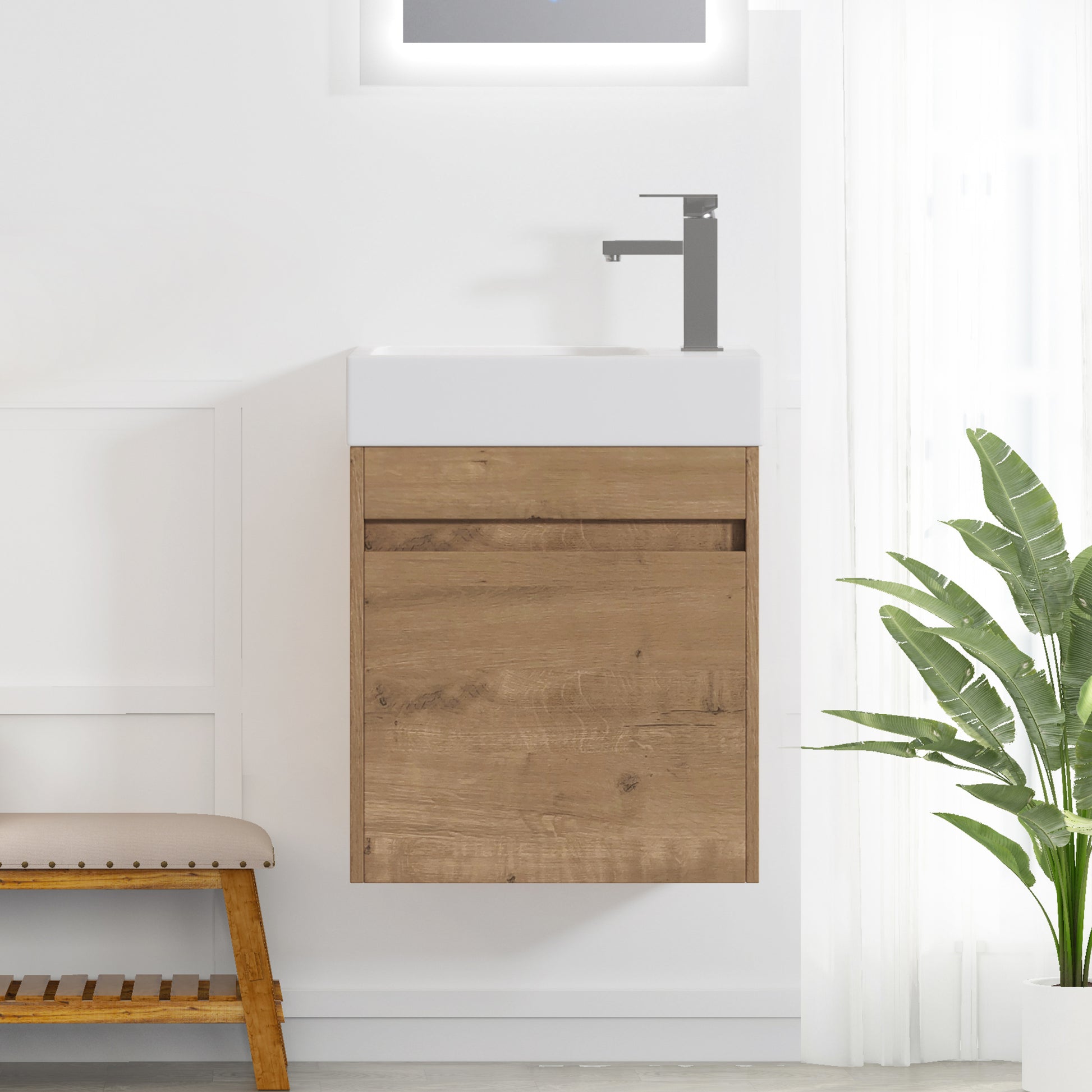 18'' Floating Wall Mounted Bathroom Vanity With White Resin Sink & Soft Close Cabinet Door Imitative Oak 1 1 Soft Close Doors Bathroom Wall Mounted Modern Plywood Plywood