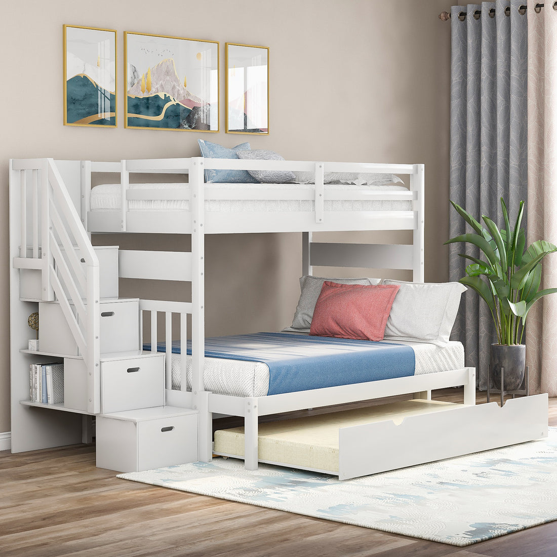 Twin Over Twin Full Bunk Bed With Twin Size Trundle White Old Sku :Lp000025Aak White Solid Wood