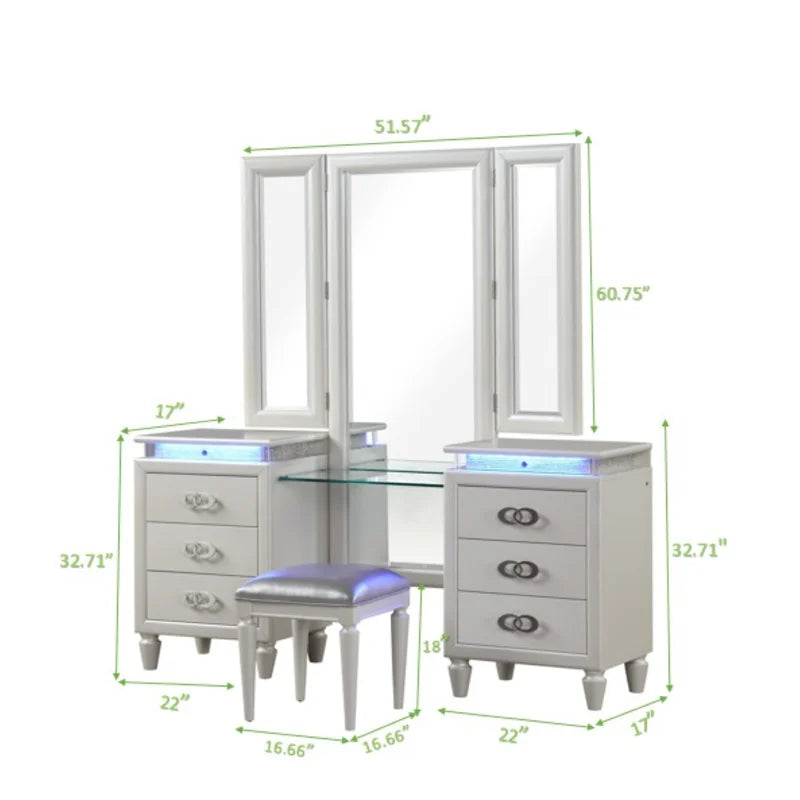 Passion Queen 5 Pc Vanity Led Bedroom Set Made With Wood In Milky White White Bedroom Modern Wood