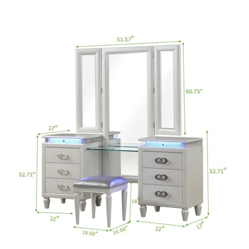 Passion King 5 Pc Vanity Led Bedroom Set Made With Wood In Milky White White Bedroom Modern Wood Wood