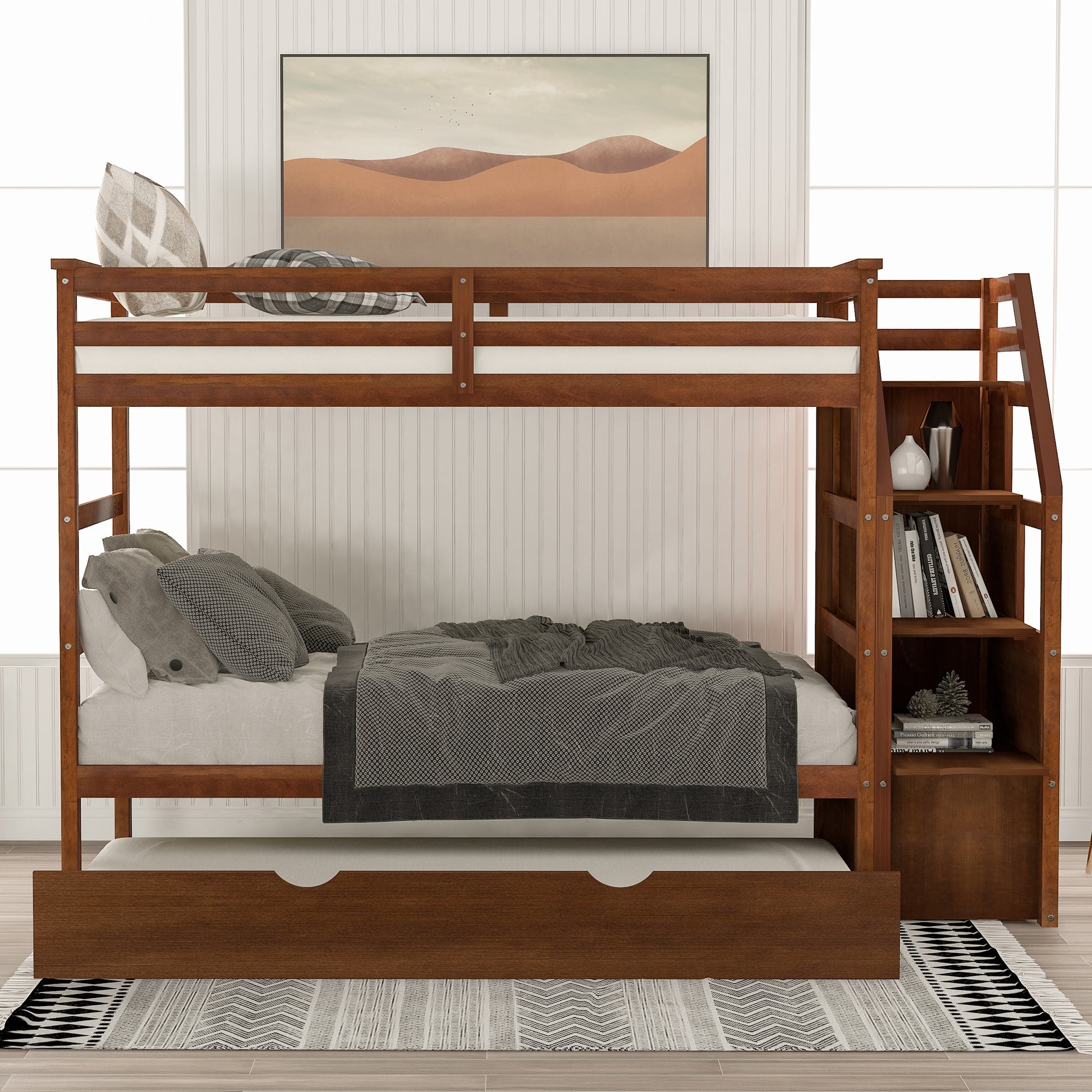 Twin Over Twin Bunk Bed With Twin Size Trundle And 3 Storage Stairs,Walnut Old Sku :Lp000064Aad Walnut Solid Wood
