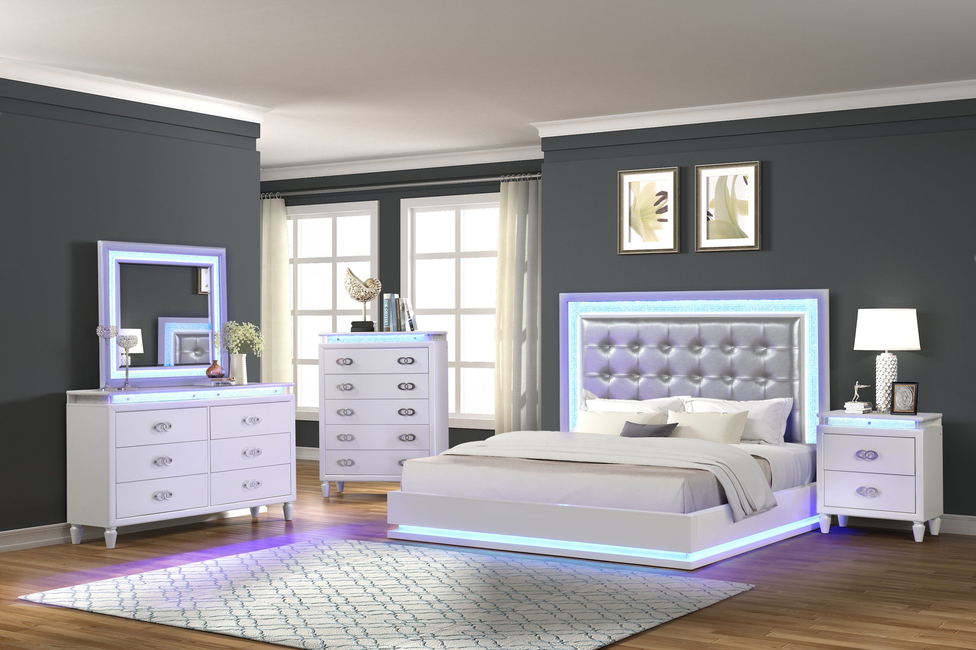 Passion King 5 Pc Led Bedroom Set Made With Wood In Milky White Box Spring Not Required King White 5 Piece Set Bedroom Bed Included,Chest Included,Dresser Included,Mirror Included,Nightstand Included Contemporary,Modern Solid Wood Mdf Built In Lighting