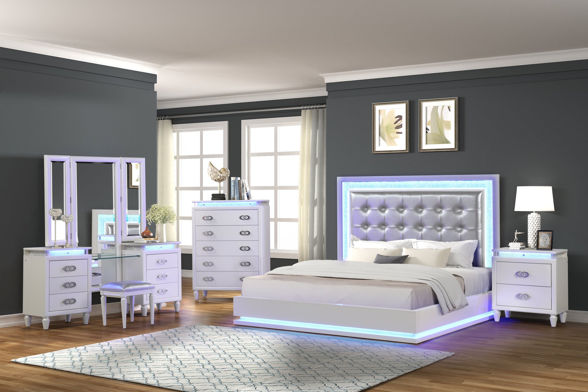 Passion King 5 Pc Vanity Led Bedroom Set Made With Wood In Milky White White Bedroom Modern Wood Wood