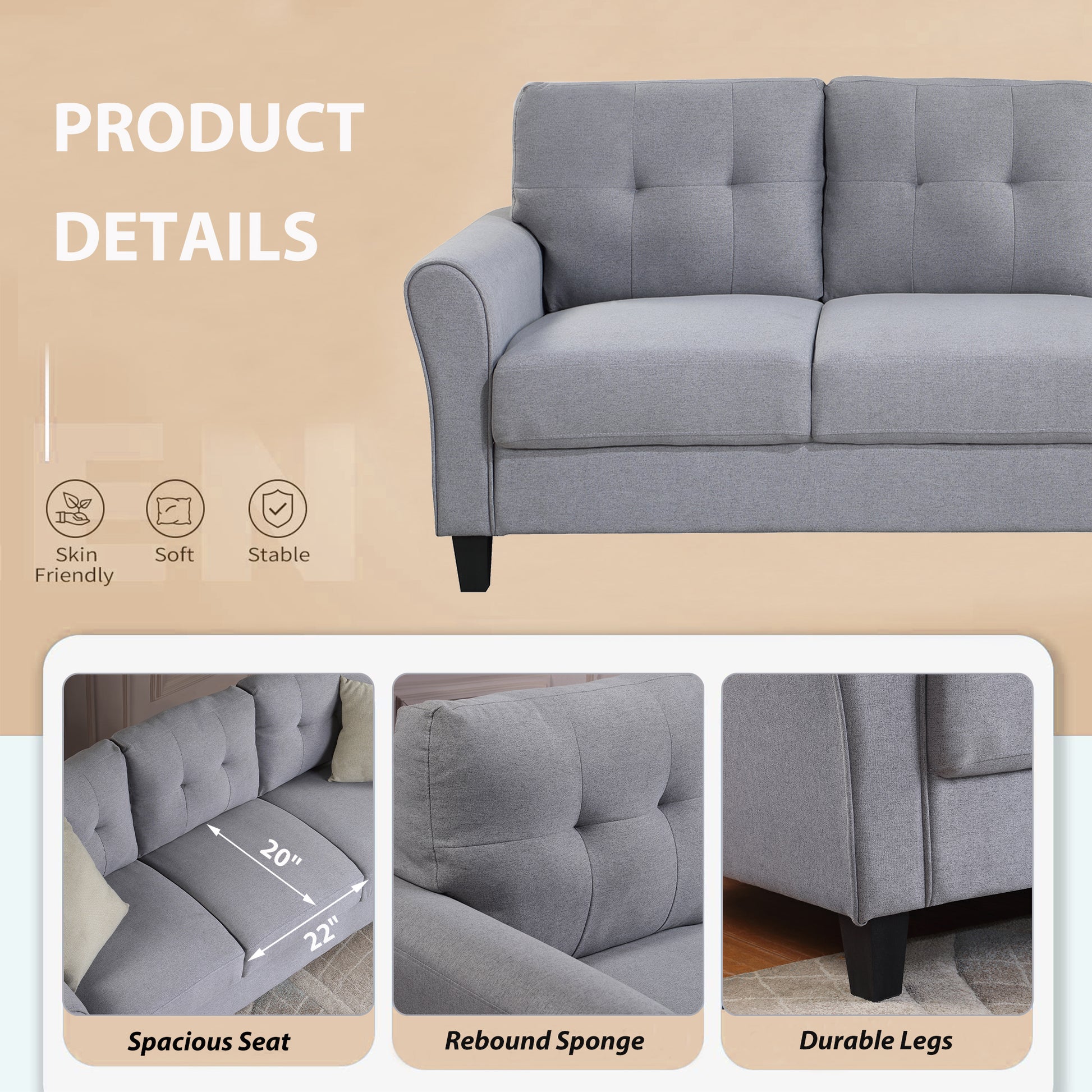 Modern Living Room Sofa Set Linen Upholstered Couch Furniture For Home Or Office ,Light Grey, 2 3 Seat,Old Sku:Sg000372Aaa Light Grey Blue Foam Linen 5 Seat